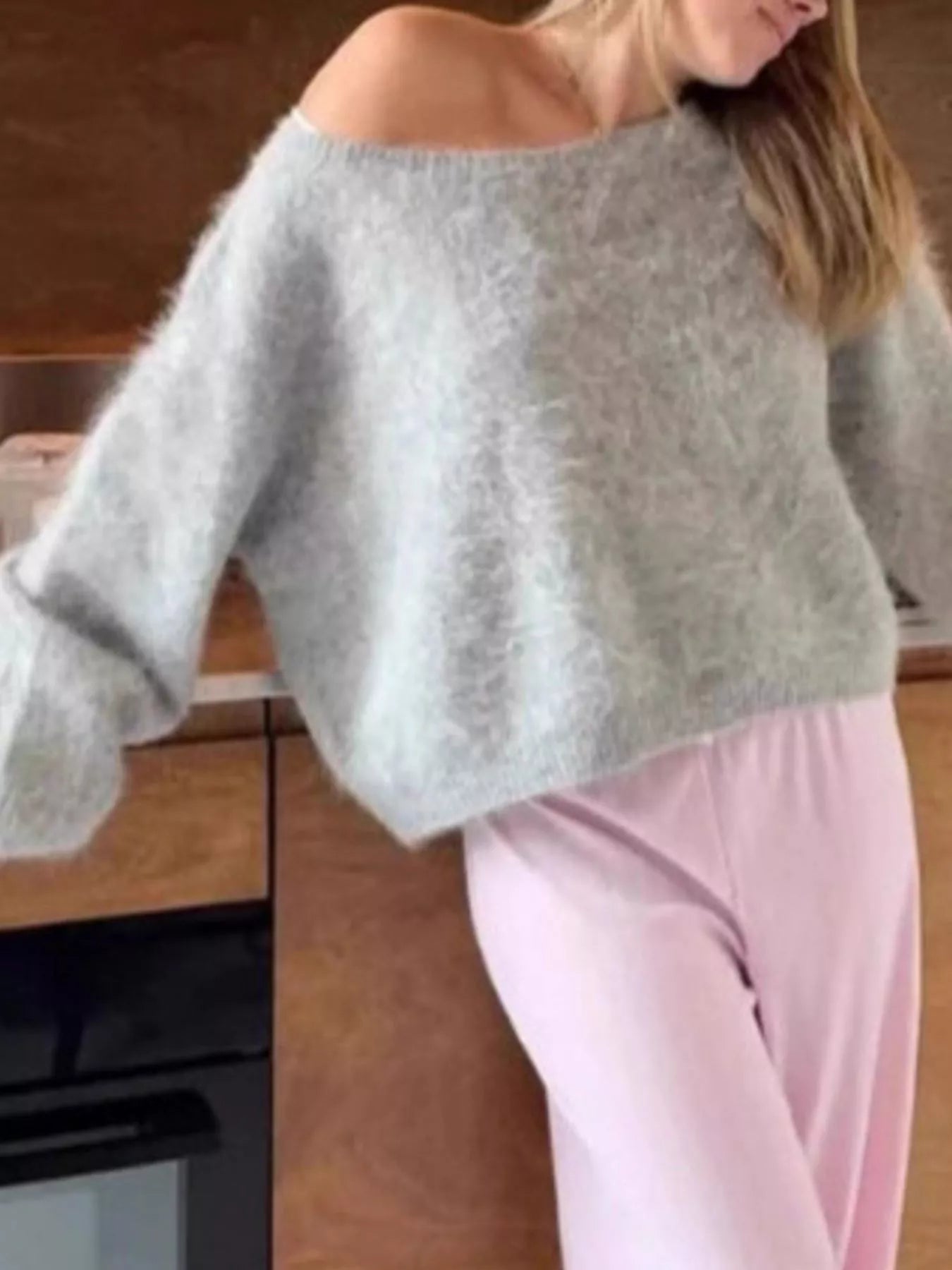 Fuzzy One Shoulder Sweater Gray AwRans Premium 02eb8585-deb9-49c4-8c23-675fb72fb699-Max-Origin
