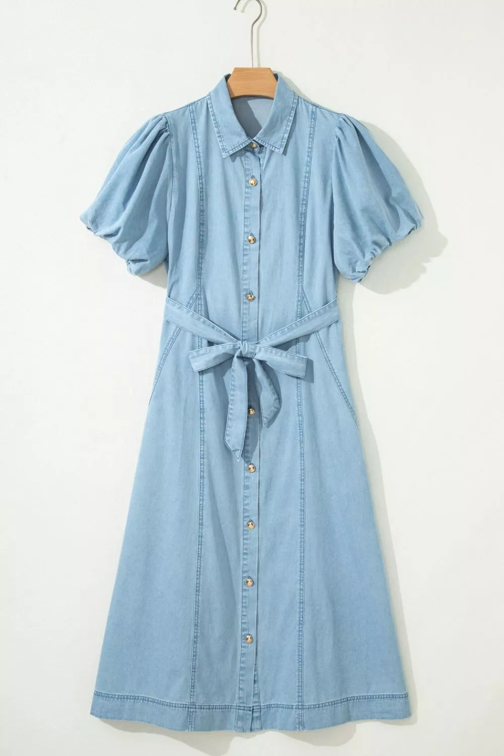 AwRans Premium | Belted Puff Sleeve Denim Midi Dress Dress AwRans Premium 06036cfa-ba5f-4e10-9cf6-d47d35a24e1f-Max-Origin
