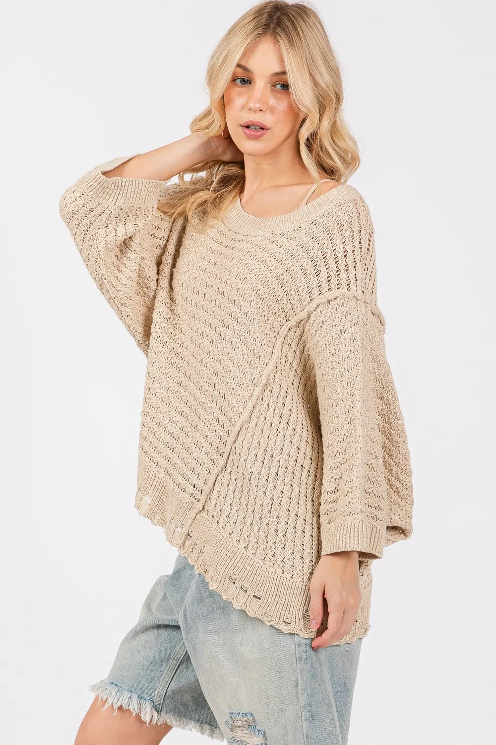 Boho Chic Beige Distressed Open Knit Asymmetrical Sweater Sweaters AwRans Premium 07949e03-660d-4f62-8148-087e1652372c-Max