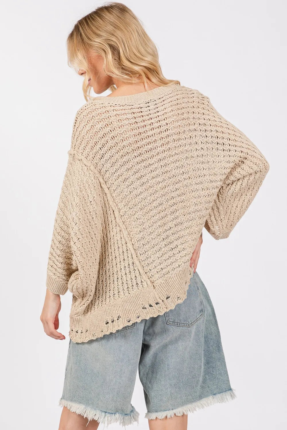 Boho Chic Beige Distressed Open Knit Asymmetrical Sweater Sweaters AwRans Premium 118ce482-0ce3-47e8-bea4-0b663cb2de96-Max