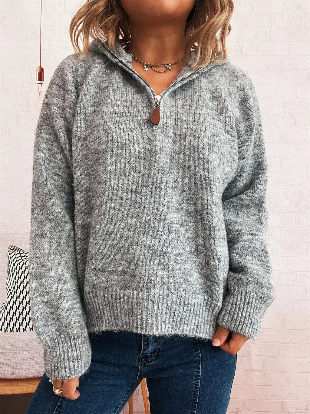 Cozy Oatmeal Soft Knit Quarter-Zip Pullover Sweater with Ring Pull Sweaters AwRans Premium 11fe5407945c4f3ea2be4fa1f45bc1f6-Max-Origin