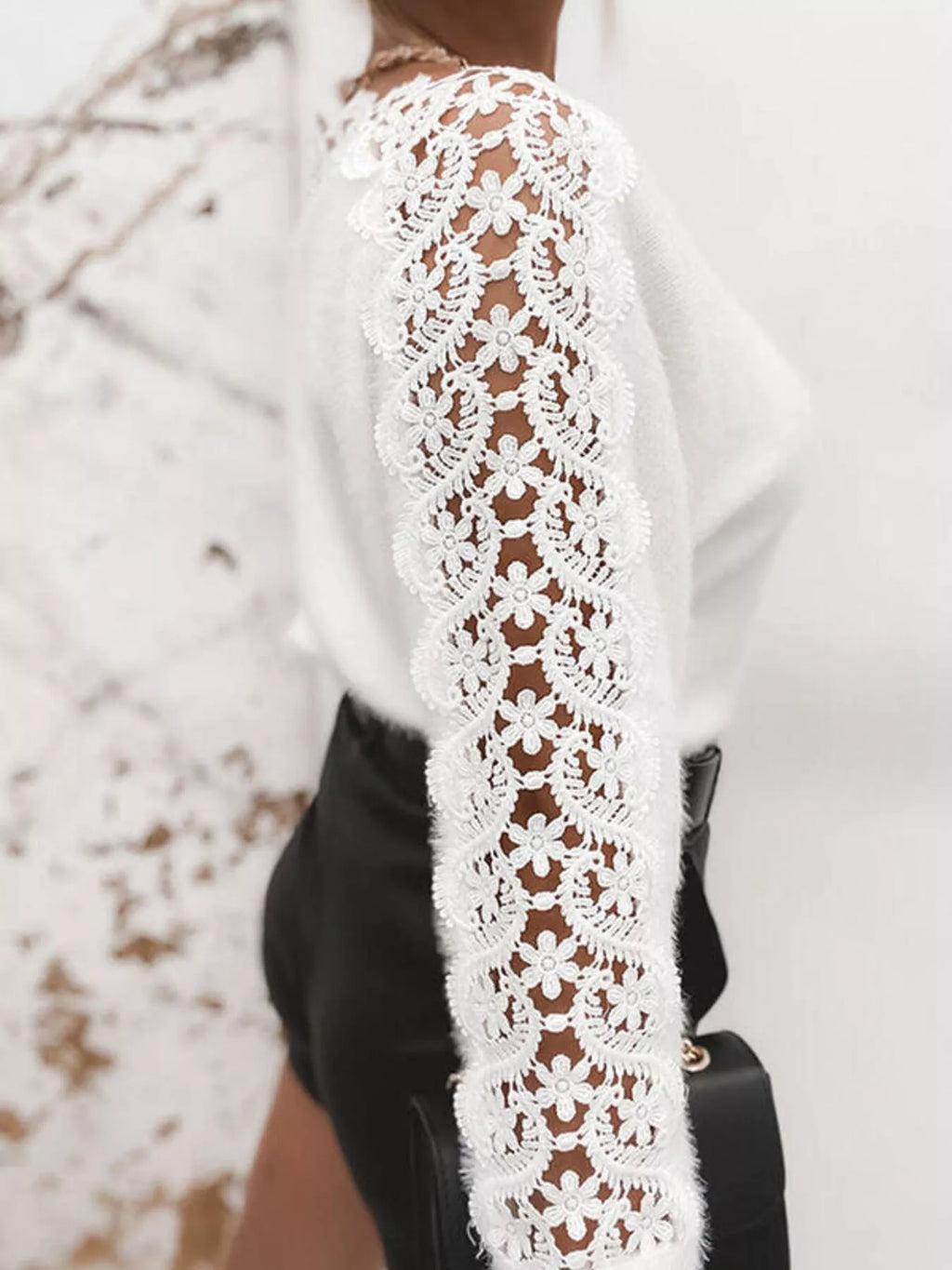 Elegant White Lace Detail Knit Sweater - Long Sleeve Top Sweaters AwRans Premium 149190f614b64cb58f3cc924353f7dec-Max-Origin