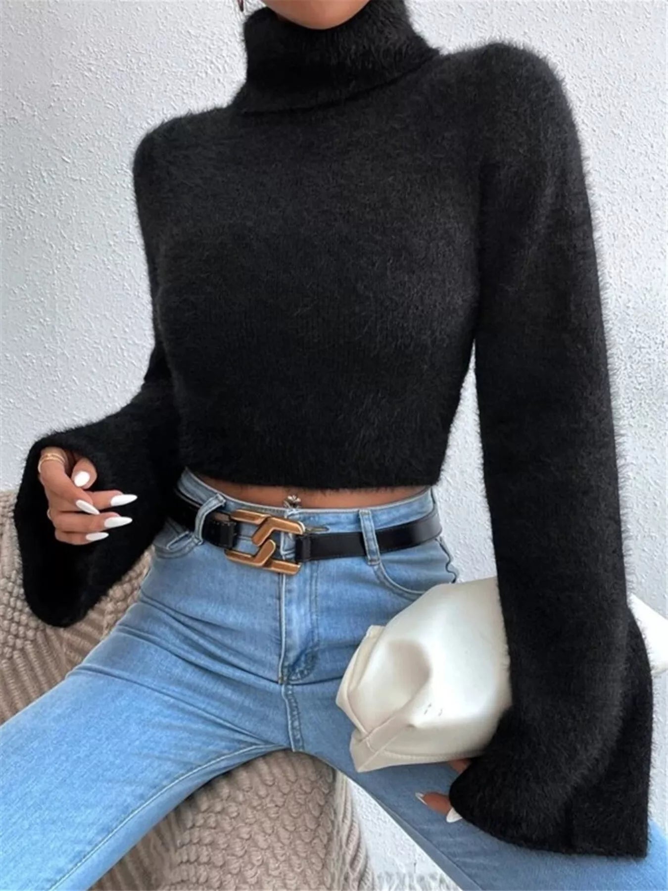 White Fuzzy Cropped Turtleneck Sweater with Flare Sleeves Sweaters AwRans Premium 15171c4b2f54478a99490ea2bc9e9346-Max-Origin