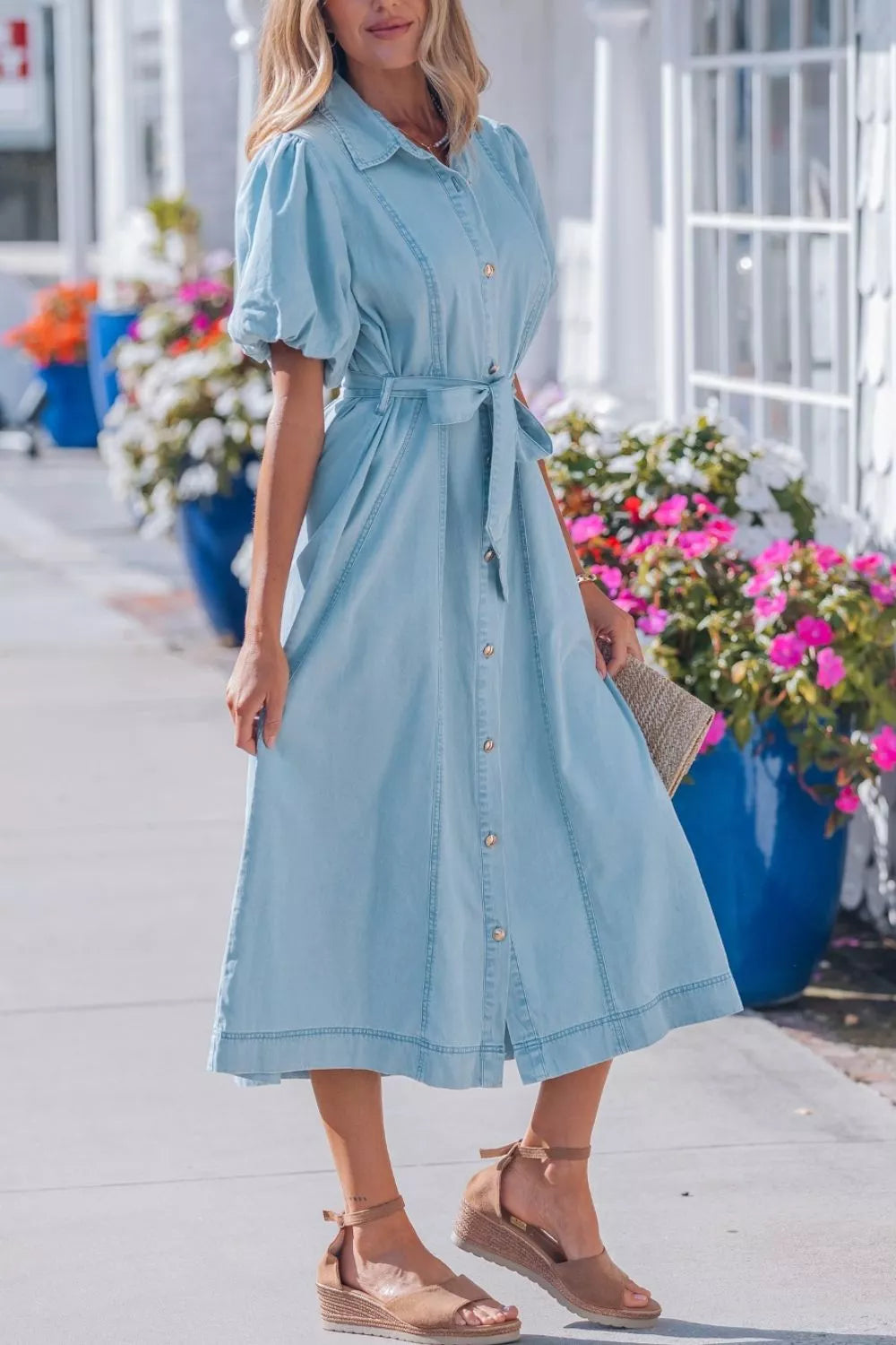 AwRans Premium | Belted Puff Sleeve Denim Midi Dress Dress AwRans Premium 1be499ad-46ea-43cd-baa9-128f82bc434f-Max-Origin