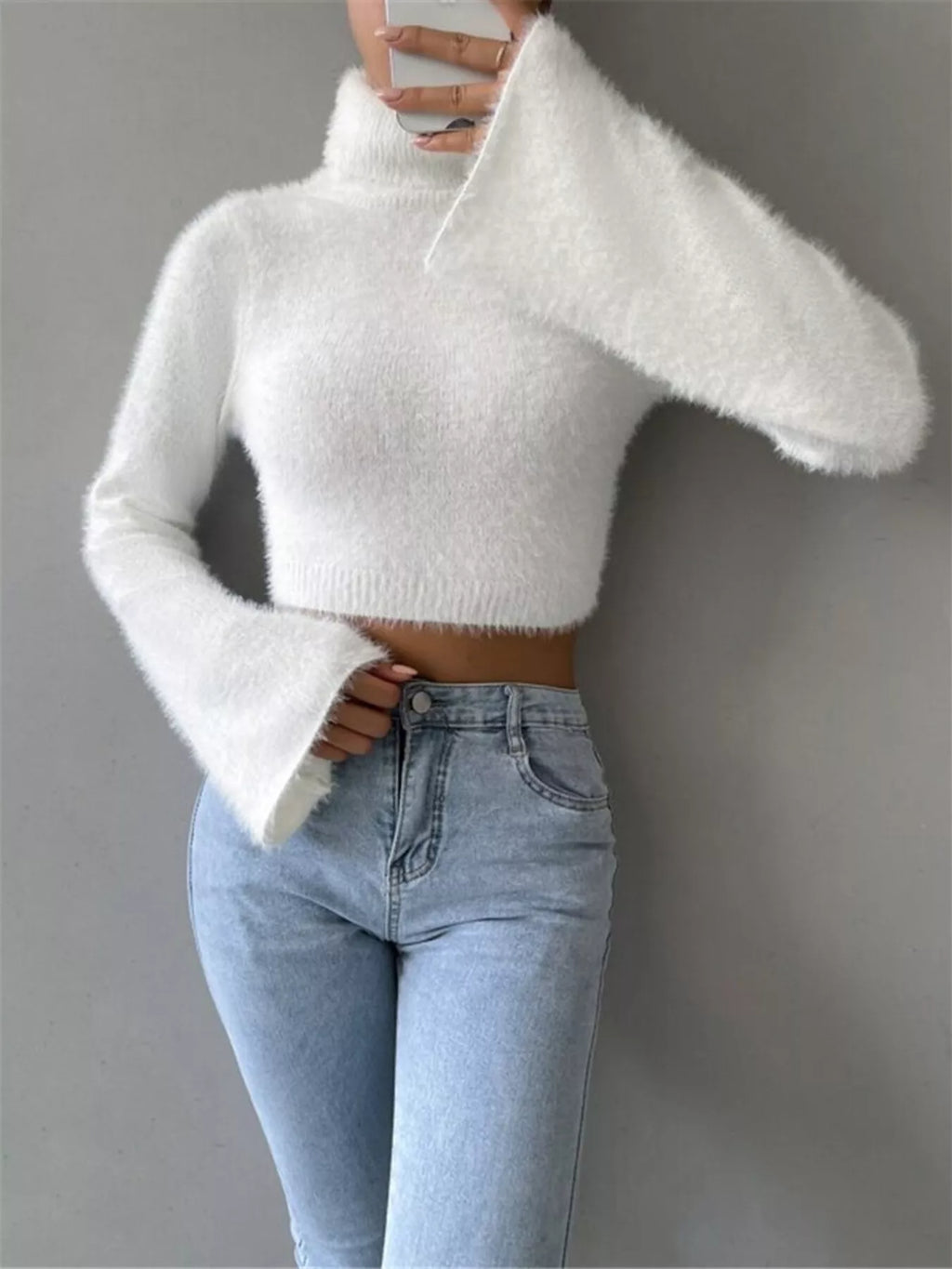 White Fuzzy Cropped Turtleneck Sweater with Flare Sleeves Sweaters AwRans Premium 1ce974758139444081edd6d652e99539-Max-Origin