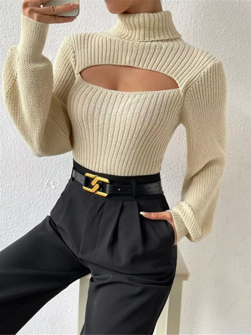 Cream Ribbed Cut-Out Turtleneck Knit Sweater Beige Sweaters AwRans Premium 1d1e9e66f8e443609a60a9da9bb723df-Max-Origin