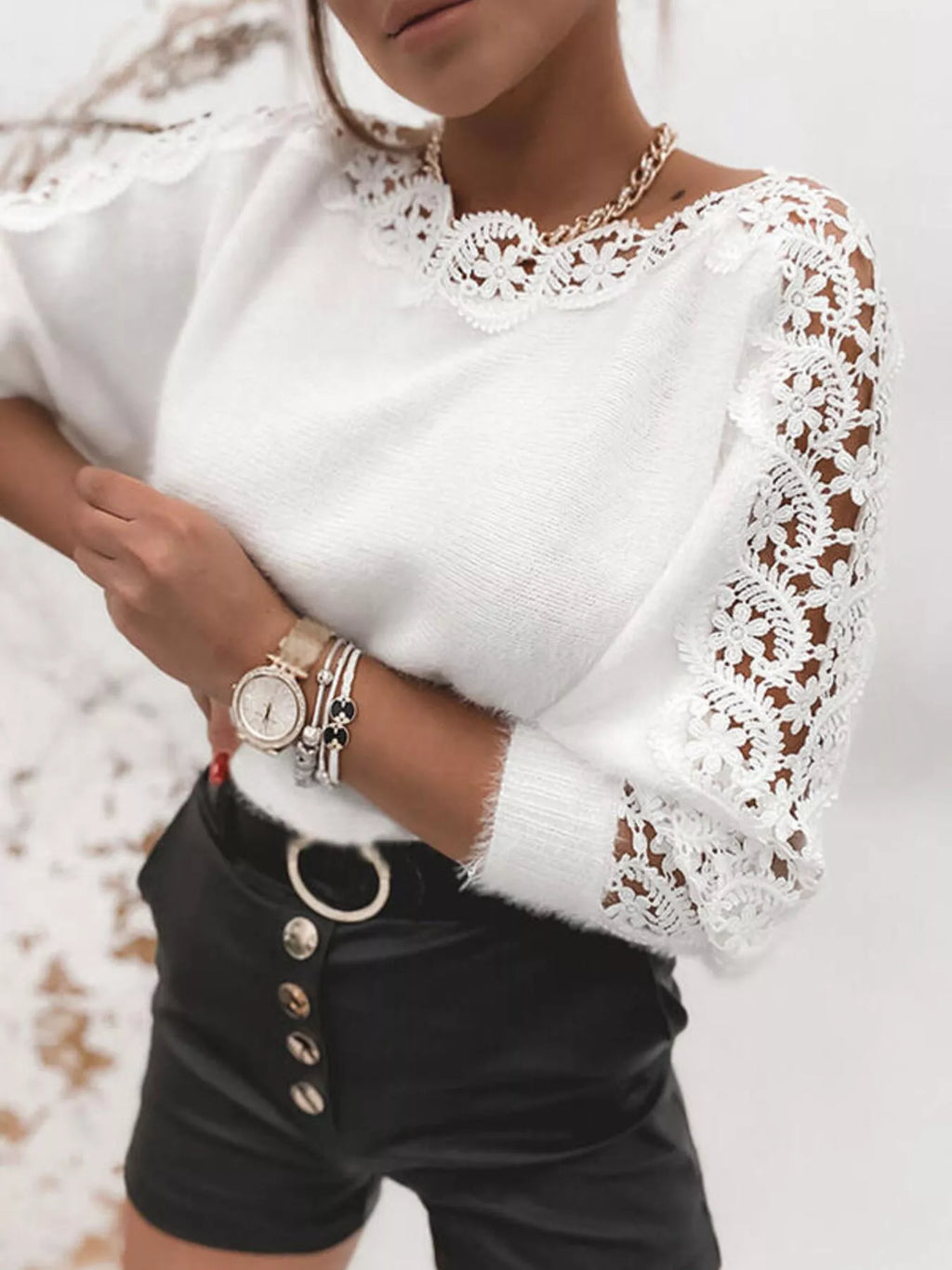Elegant White Lace Detail Knit Sweater - Long Sleeve Top Sweaters AwRans Premium 1d69af86177544bfae8802b5125297f5-Max-Origin