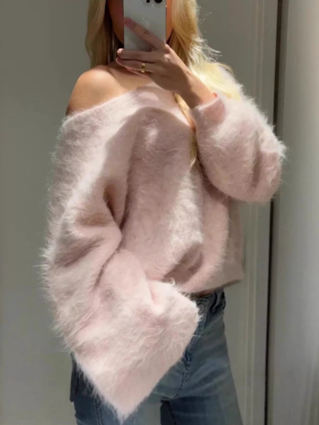 Fuzzy One Shoulder Sweater Pink AwRans Premium 1f8819c0-a89f-4d2d-b195-f57fced67a02-Max-Origin