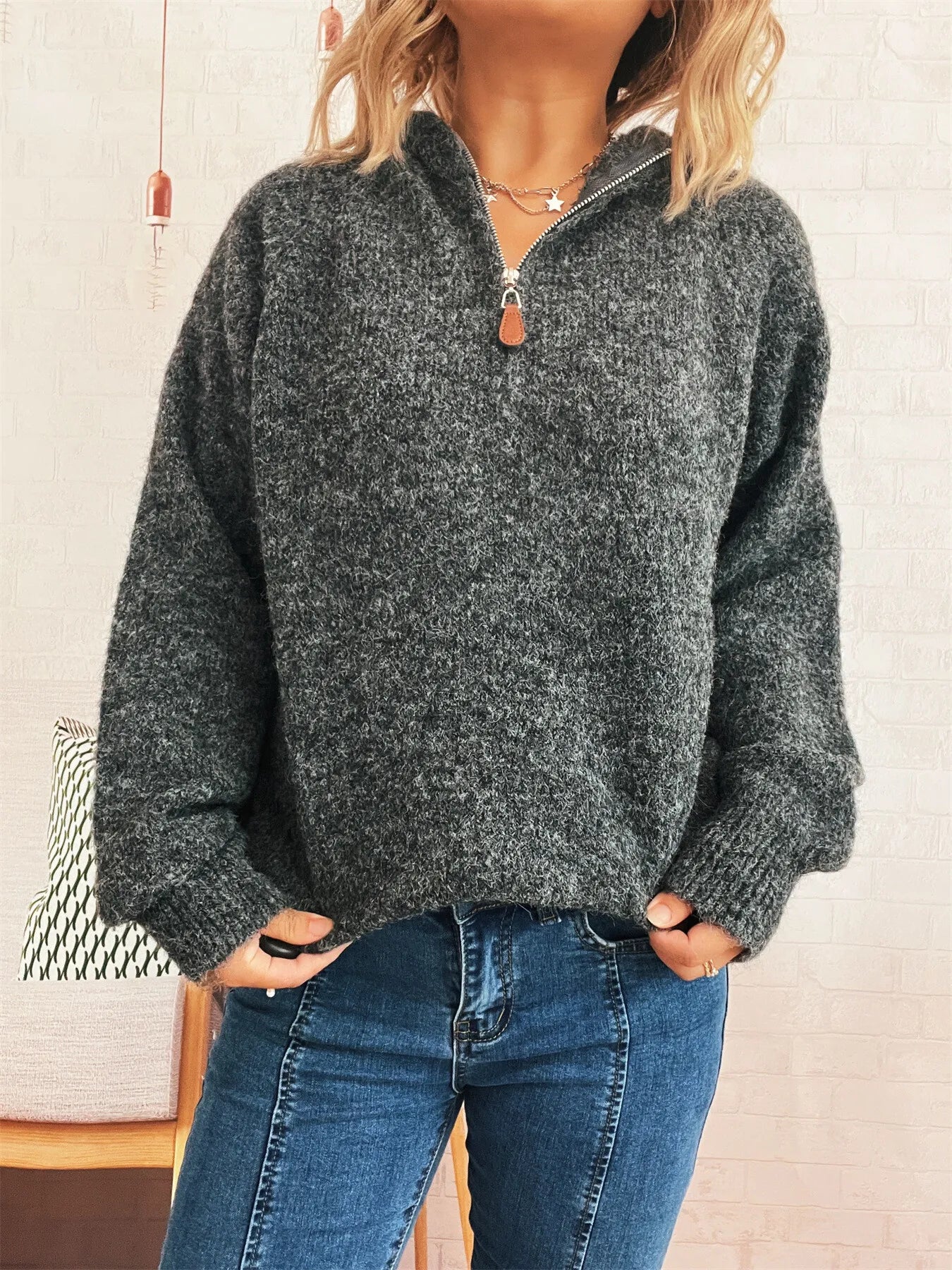 Cozy Oatmeal Soft Knit Quarter-Zip Pullover Sweater with Ring Pull Sweaters AwRans Premium 23ccee273f5348408808ccbf15a2eb5f-Max-Origin
