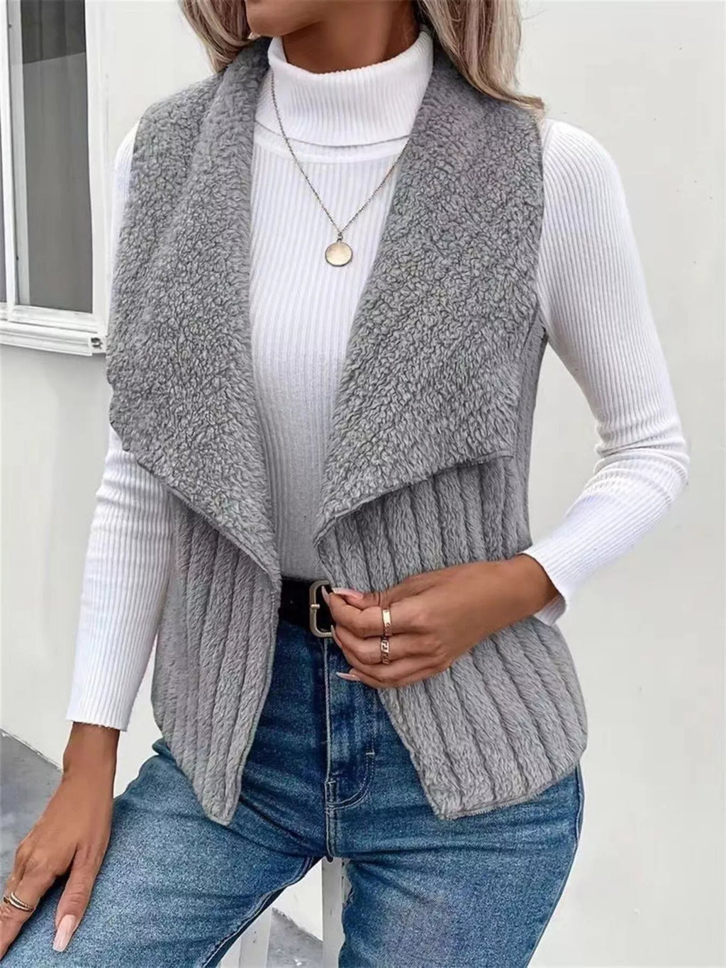 Chic Sherpa Fleece Open-Front Vest Vests AwRans Premium 26faff53a3bf41fa98b343881032f885-Max-Origin
