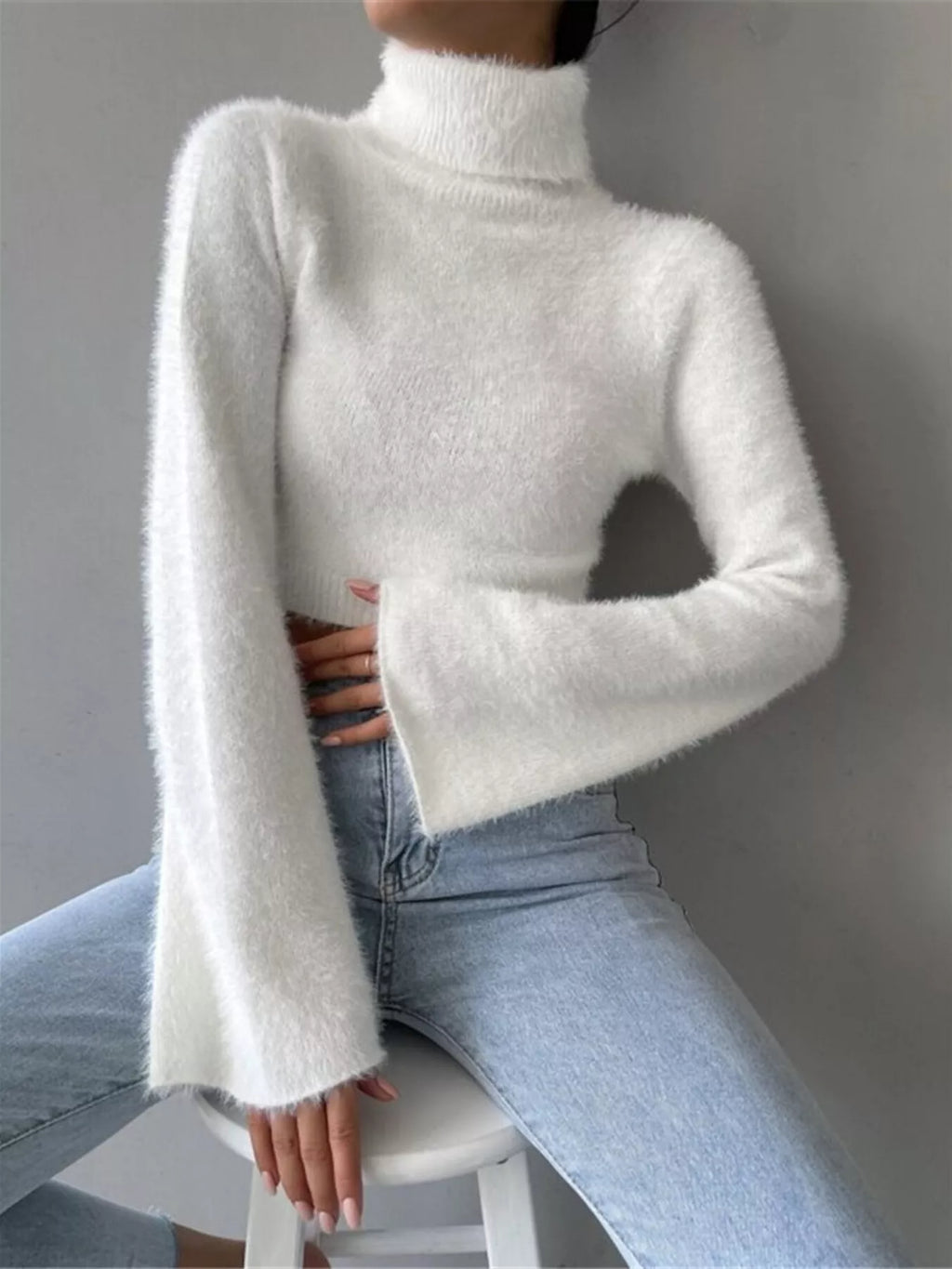 White Fuzzy Cropped Turtleneck Sweater with Flare Sleeves Sweaters AwRans Premium 2902f9986bd642cdbffcb4a30fc16a30-Max-Origin