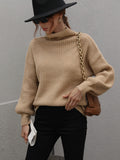 Chic High Neck Balloon Sleeve Ribbed Knit Pullover Sweater Tan Sweaters AwRans Premium 3419b942f9674236919b58e45461d284-Max