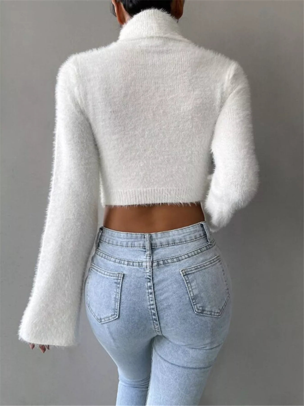 White Fuzzy Cropped Turtleneck Sweater with Flare Sleeves Sweaters AwRans Premium 36acb9d90d264641b210a5c556d35294-Max-Origin