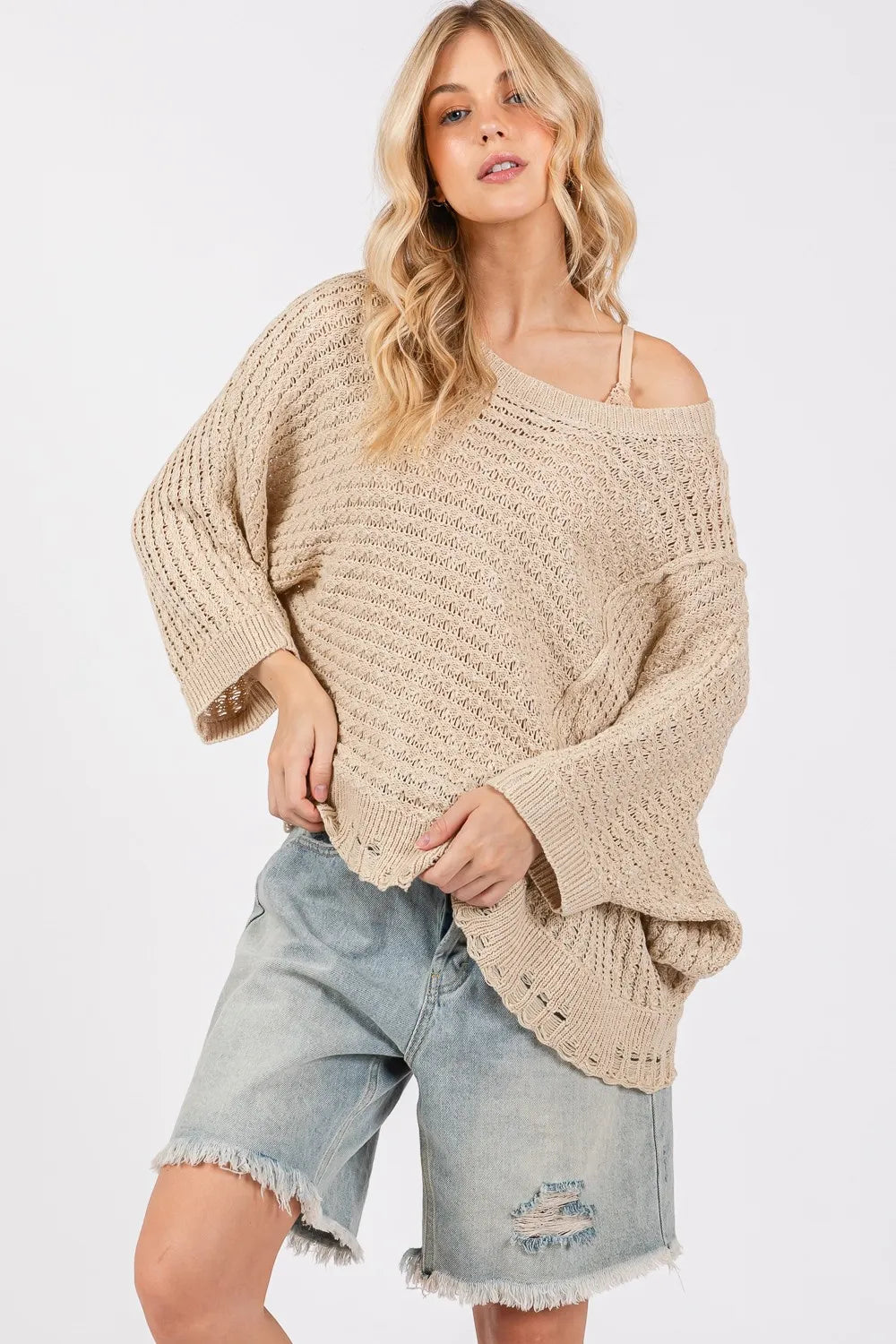 Boho Chic Beige Distressed Open Knit Asymmetrical Sweater Sweaters AwRans Premium 377b6a23-2810-4fce-9ba1-f9d70d76cec4-Max