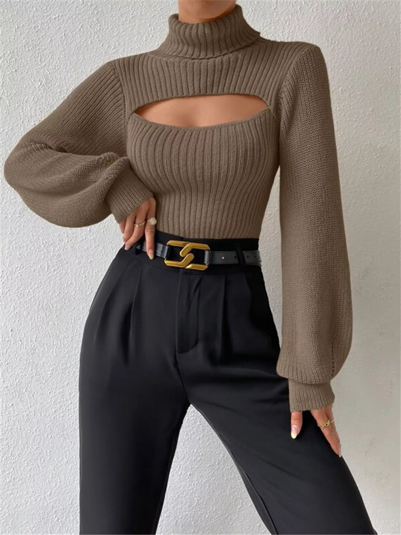 Cream Ribbed Cut-Out Turtleneck Knit Sweater Sweaters AwRans Premium 38883f66eb874cceb1141410545e57ed-Max-Origin