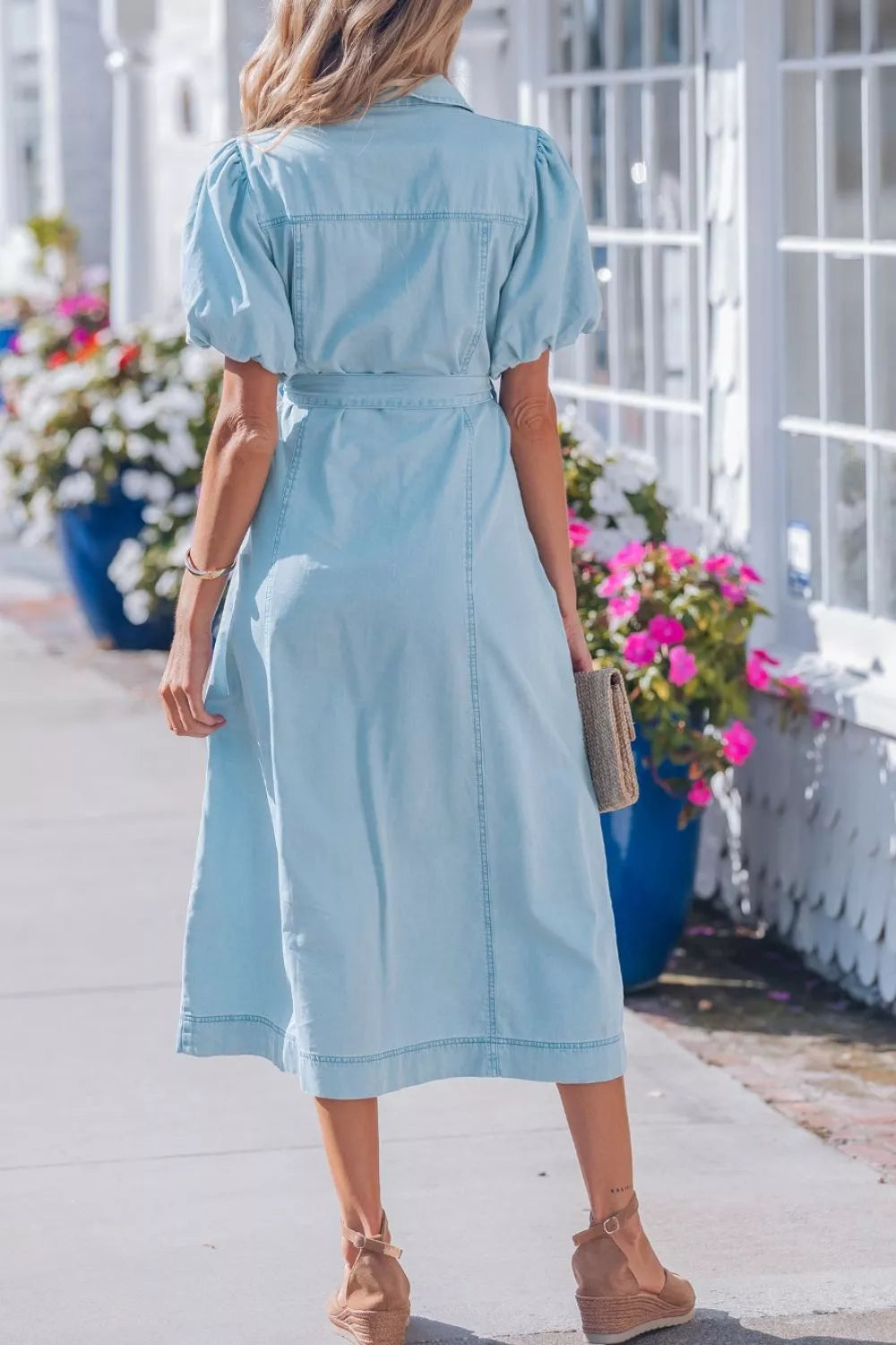 AwRans Premium | Belted Puff Sleeve Denim Midi Dress Dress AwRans Premium 3dd9bdc9-caf4-4d44-af34-f19204a28f73-Max-Origin
