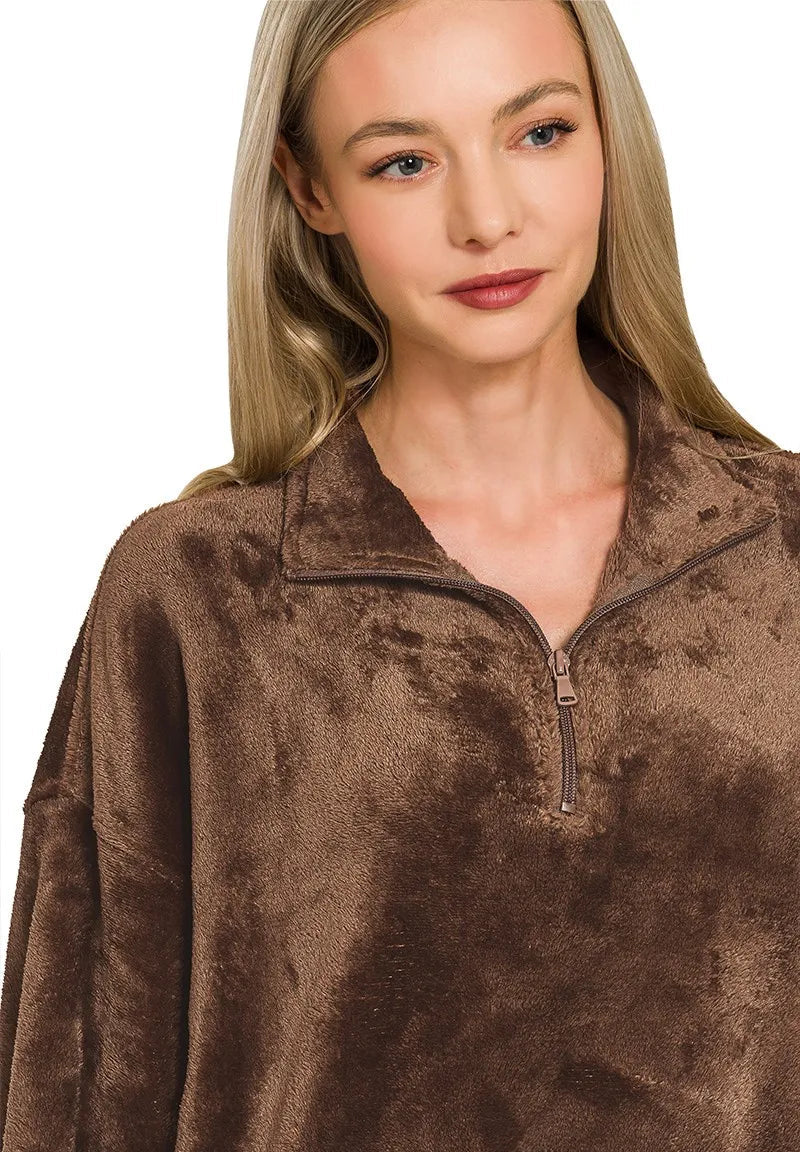 Luxe Cozy Faux Fur Half-Zip Pullover BROWN pullover AwRans Premium 42f2470f3157496eaaee2995c37c9969-Max-Origin