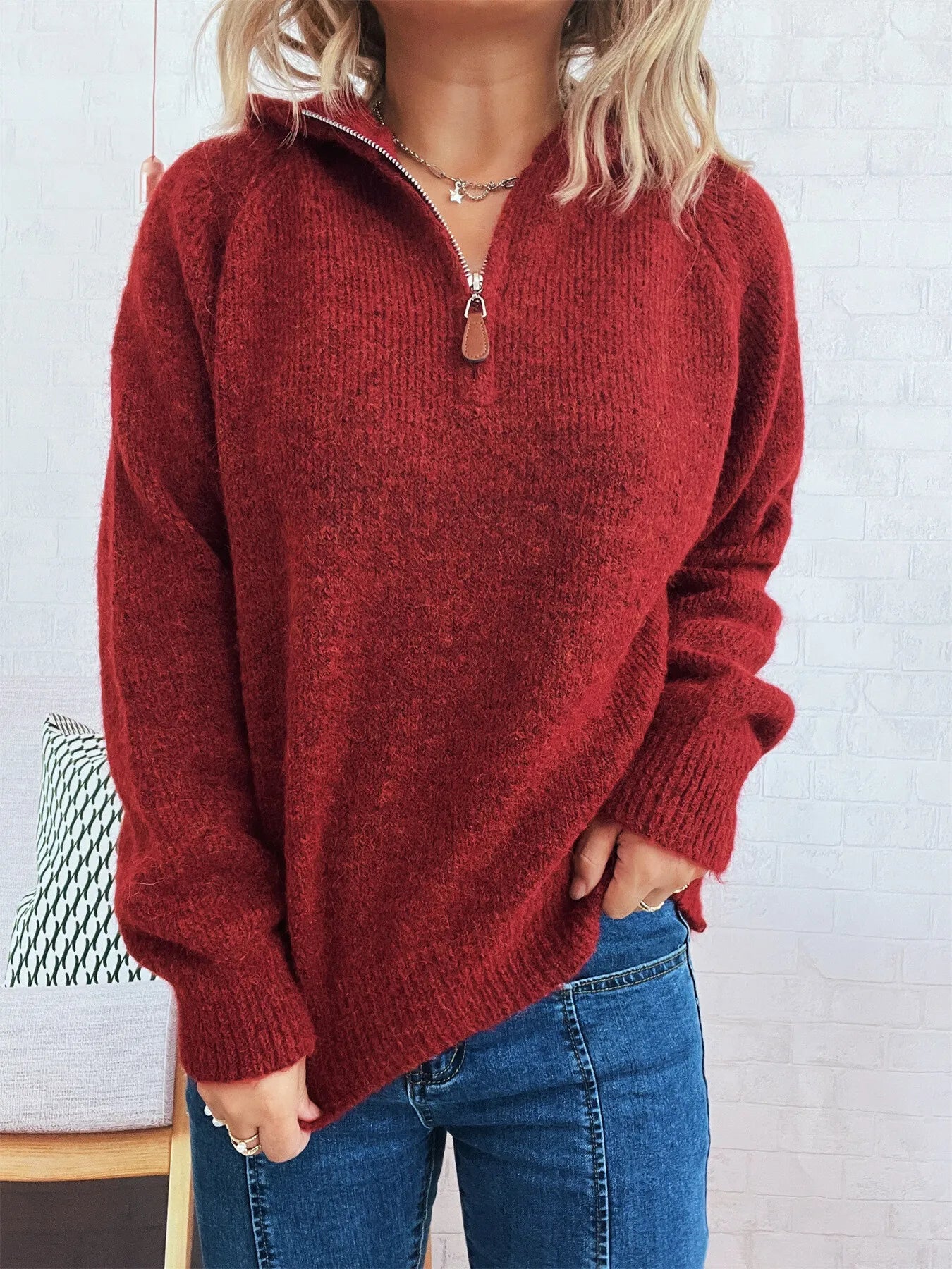 Cozy Oatmeal Soft Knit Quarter-Zip Pullover Sweater with Ring Pull Sweaters AwRans Premium 47046189faf04e6ab25d82d1edd7ab87-Max-Origin