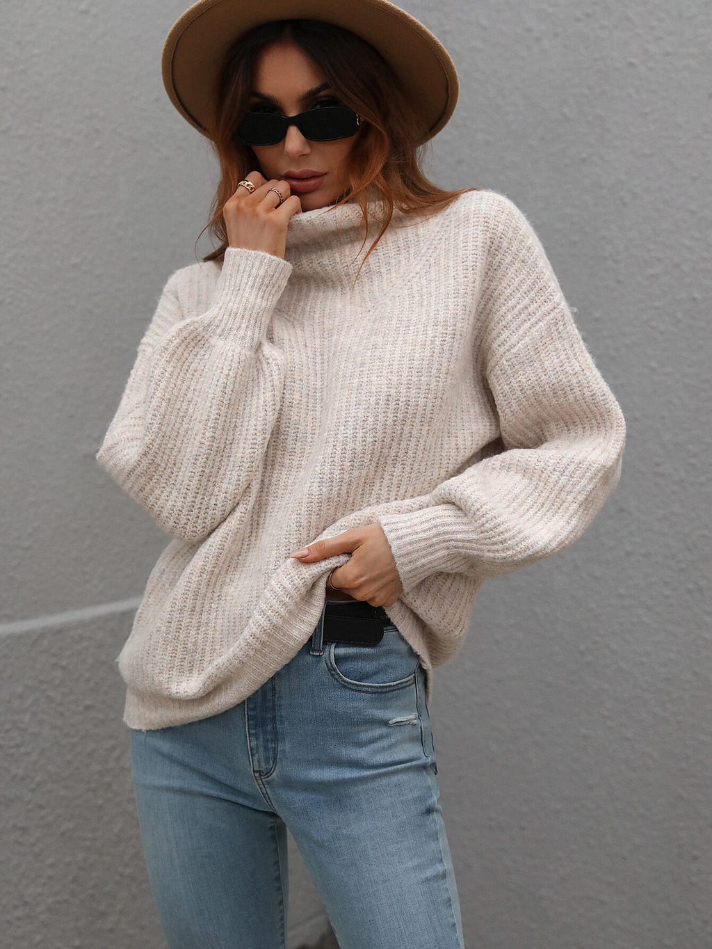 Chic High Neck Balloon Sleeve Ribbed Knit Pullover Sweater Sweaters AwRans Premium 4979ce12286848acafb88fbf309a1f6a-Max