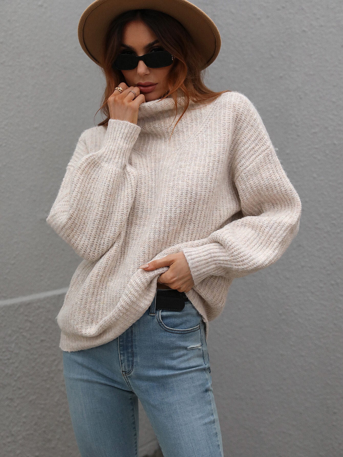 Chic High Neck Balloon Sleeve Ribbed Knit Pullover Sweater Sweaters AwRans Premium 4979ce12286848acafb88fbf309a1f6a-Max
