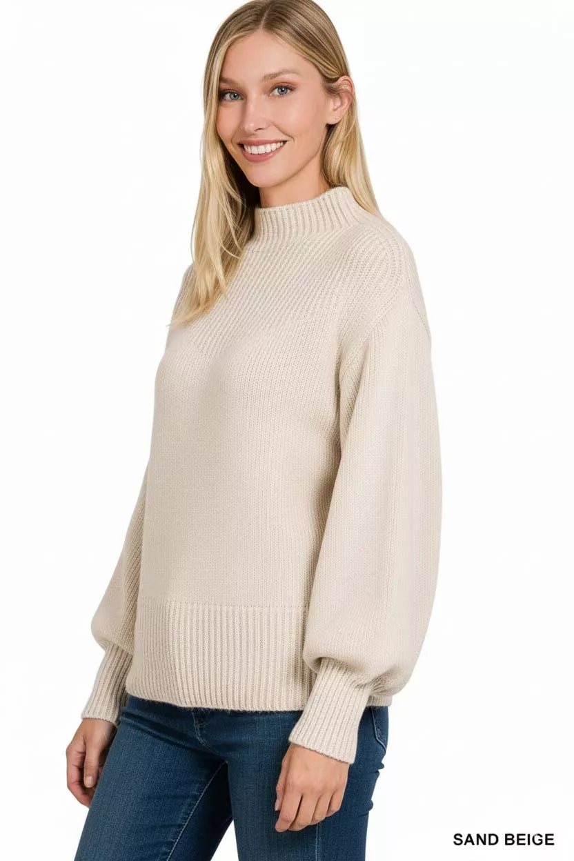 Chic Sand Beige Balloon Sleeve Mock Neck Ribbed Knit Sweater Sweaters AwRans Premium 4a88234f-127d-4a7c-b634-eefcb9fd529d-Max-Origin