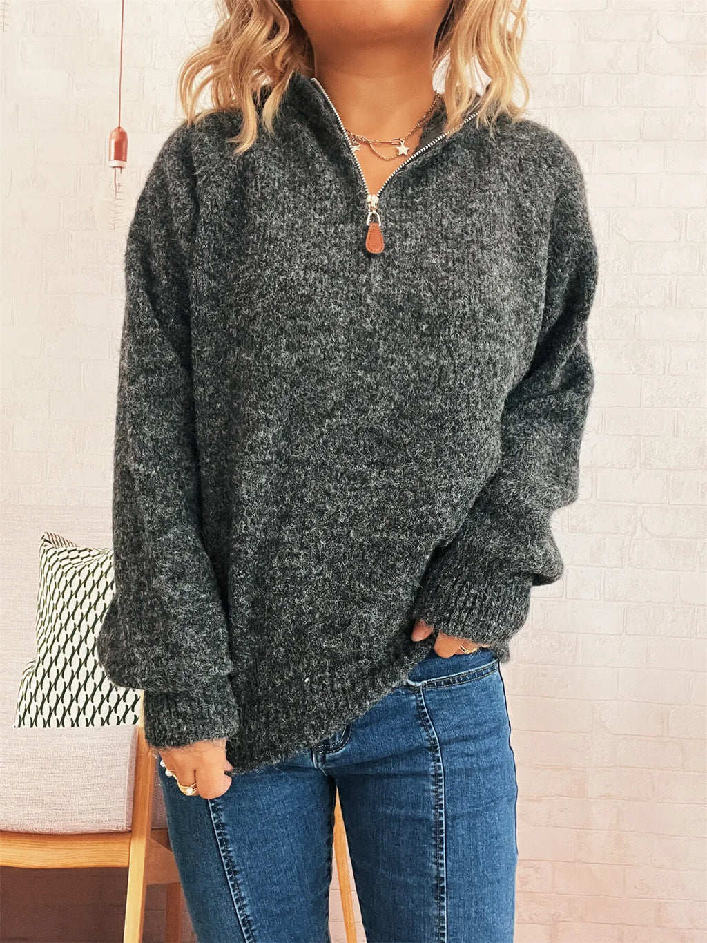Cozy Oatmeal Soft Knit Quarter-Zip Pullover Sweater with Ring Pull Sweaters AwRans Premium 501d47775b6b41c5a86c1f499ef29c18-Max-Origin