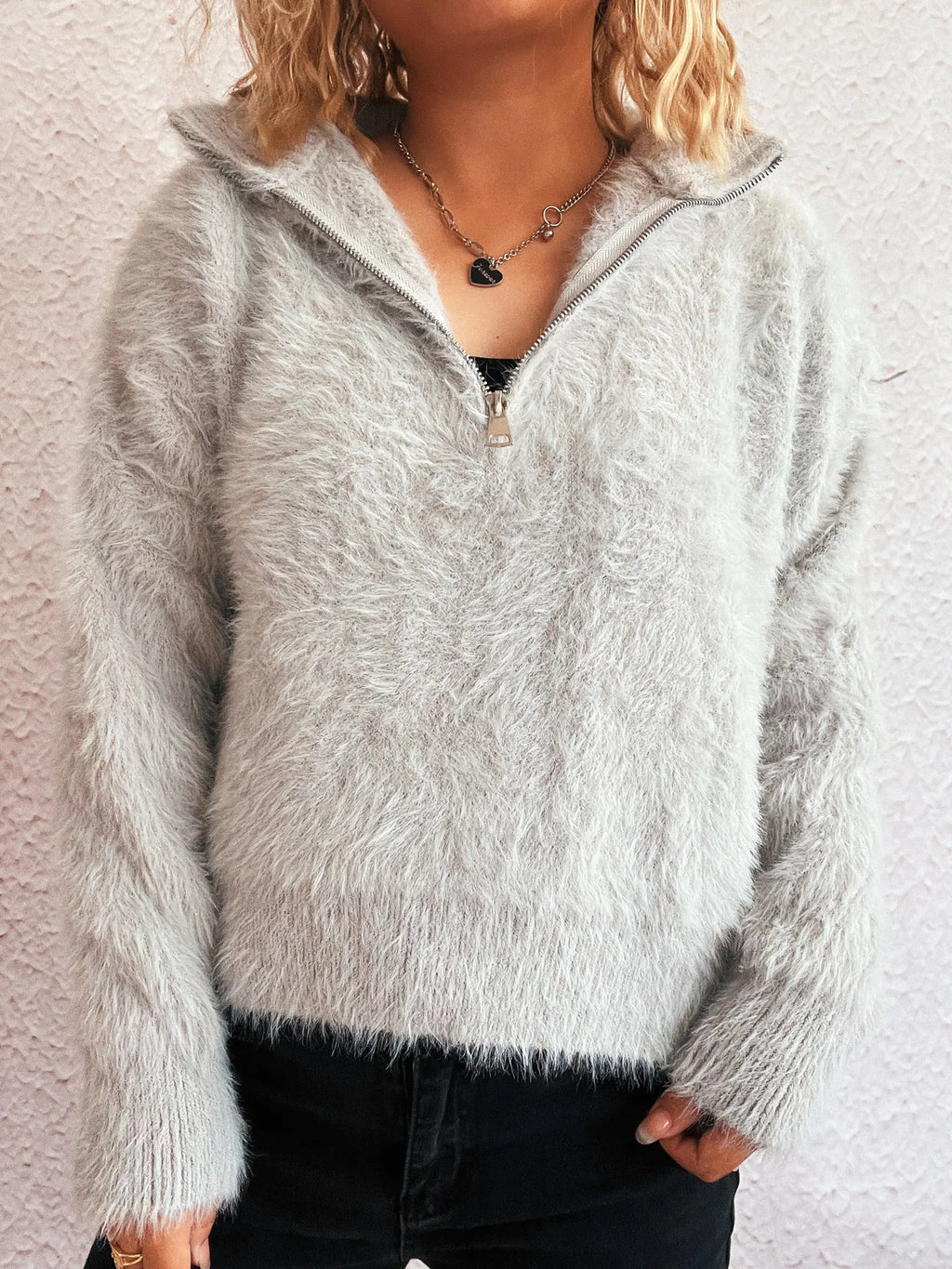 Women's Fuzzy Gray Quarter-Zip Pullover Sweater Grey One Size Sweaters AwRans Premium 51836af90068413dac67c6d2e2ebc6f7-Max-Origin