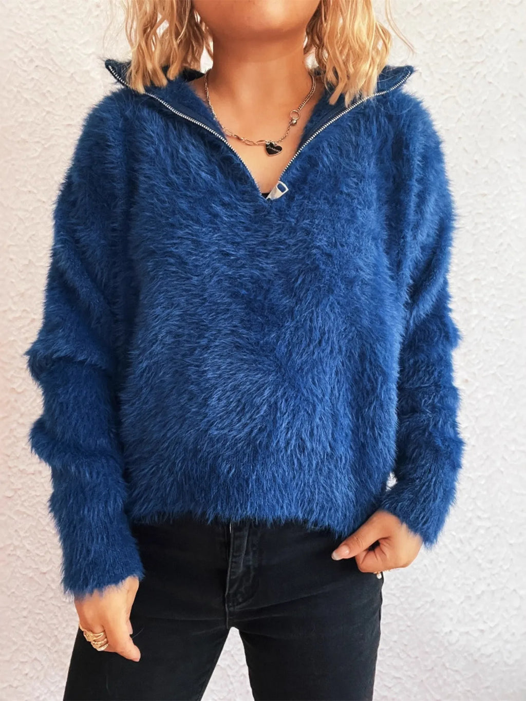 Women's Fuzzy Gray Quarter-Zip Pullover Sweater Sweaters AwRans Premium 6155a6f781f94bb3bb13095b5ea254a1-Max-Origin