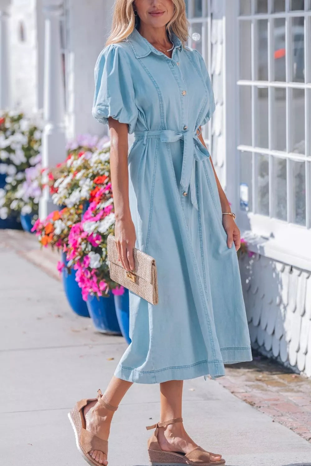 AwRans Premium | Belted Puff Sleeve Denim Midi Dress Dress AwRans Premium 628714db-7016-4628-b8e5-a98e0c091567-Max-Origin