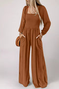 Boho Chic Rust Brown Smocked Square Neck Wide Leg Jumpsuit Caramel Jumpsuits & Rompers AwRans Premium 65031363-ab70-43a7-8b37-b4c13bd3cc10-Max-Origin