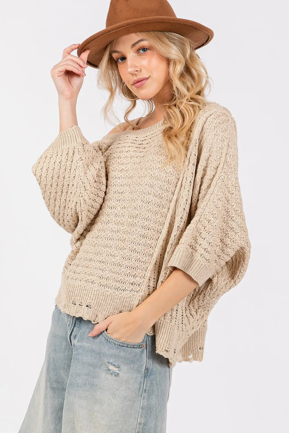 Boho Chic Beige Distressed Open Knit Asymmetrical Sweater Sweaters AwRans Premium 66f522a4-207c-489b-b60e-115a874d4813-Max