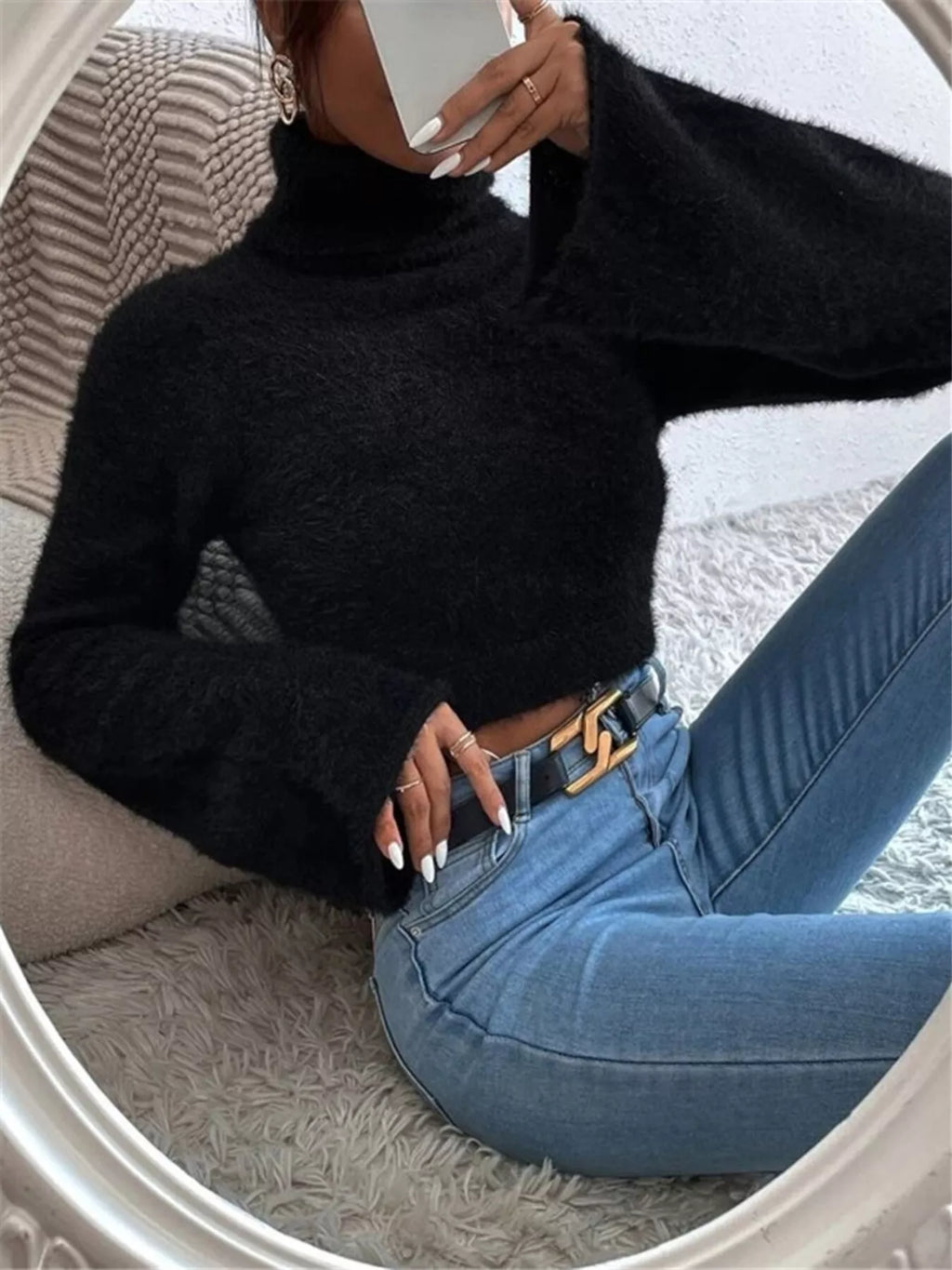 White Fuzzy Cropped Turtleneck Sweater with Flare Sleeves Sweaters AwRans Premium 6a70f8b4addd42acaa58891a7f5a2ac0-Max-Origin