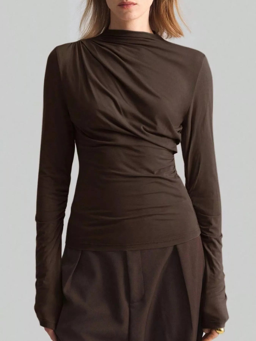 Women's Draped Mock Neck Long Sleeve Top - Chocolate Brown Blouses AwRans Premium 6c2eee04-d1c1-4887-a2cd-65e0a7ae5430-Max-Origin