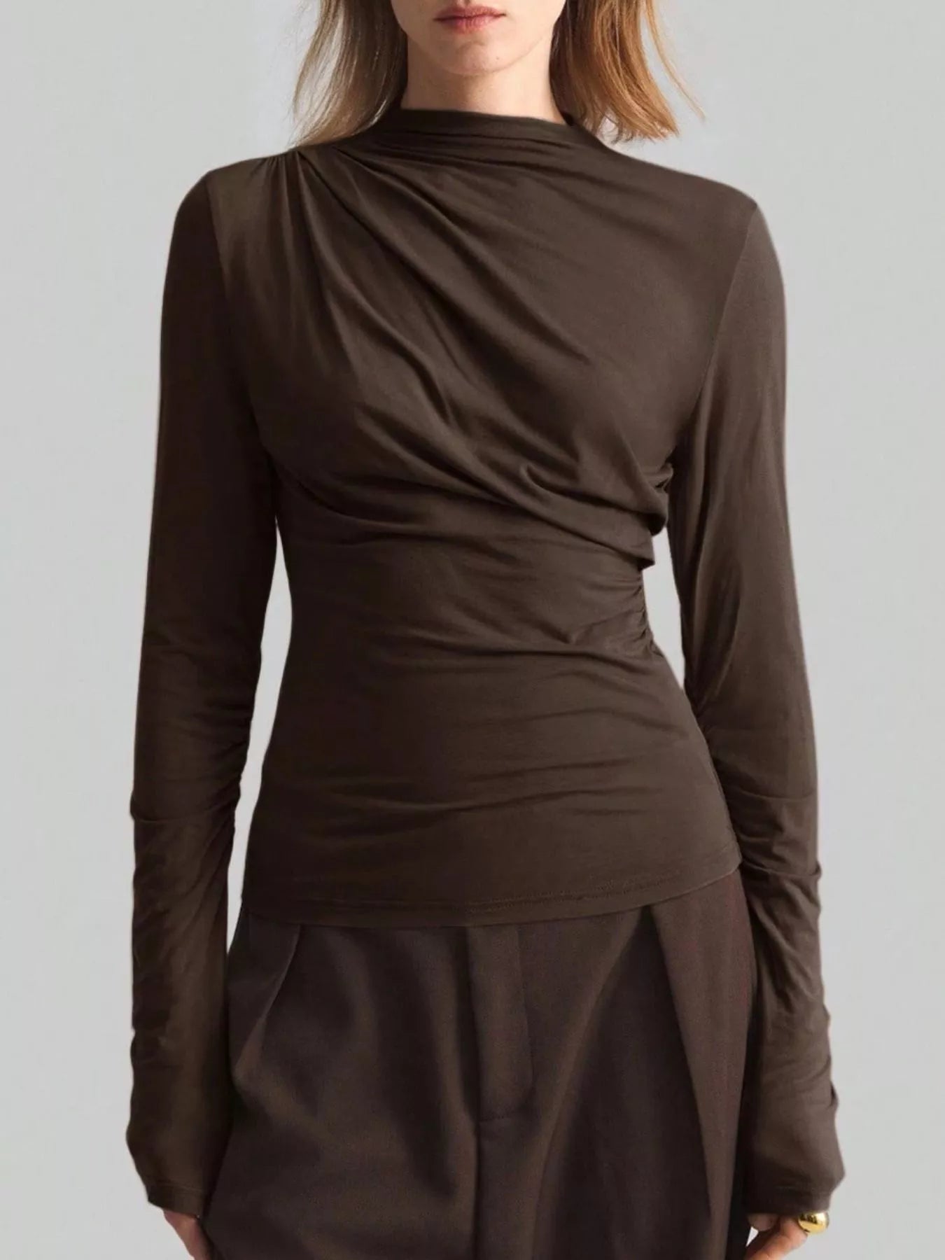 Women's Draped Mock Neck Long Sleeve Top - Chocolate Brown Blouses AwRans Premium 6c2eee04-d1c1-4887-a2cd-65e0a7ae5430-Max-Origin