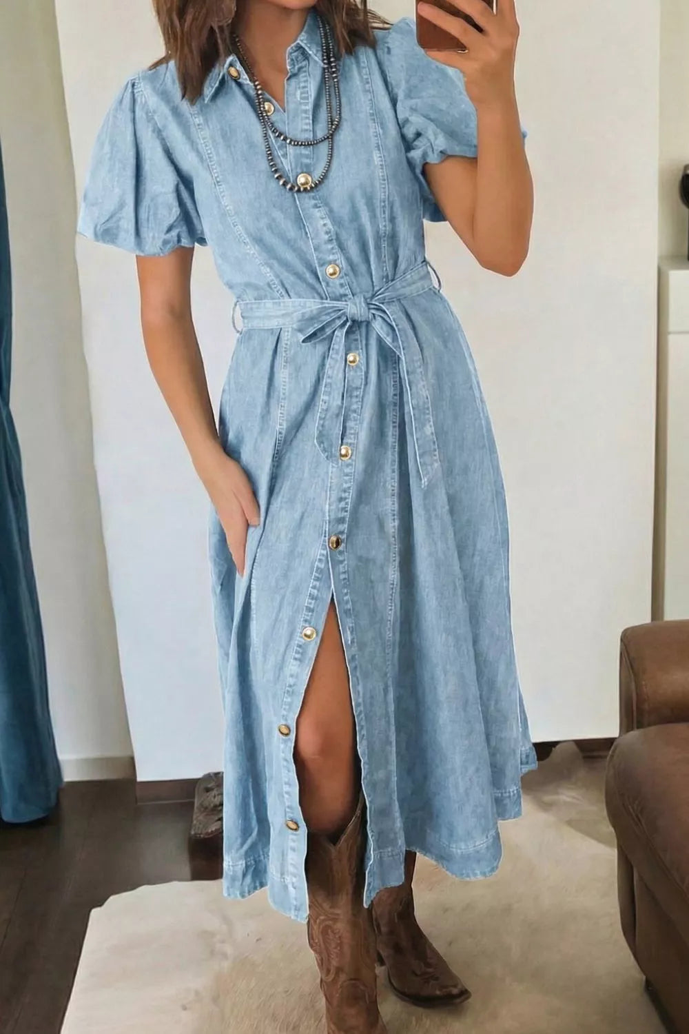 AwRans Premium | Belted Puff Sleeve Denim Midi Dress Dress AwRans Premium 6fa59757-ef18-4677-a75a-fc6d6f74c282-Max-Origin