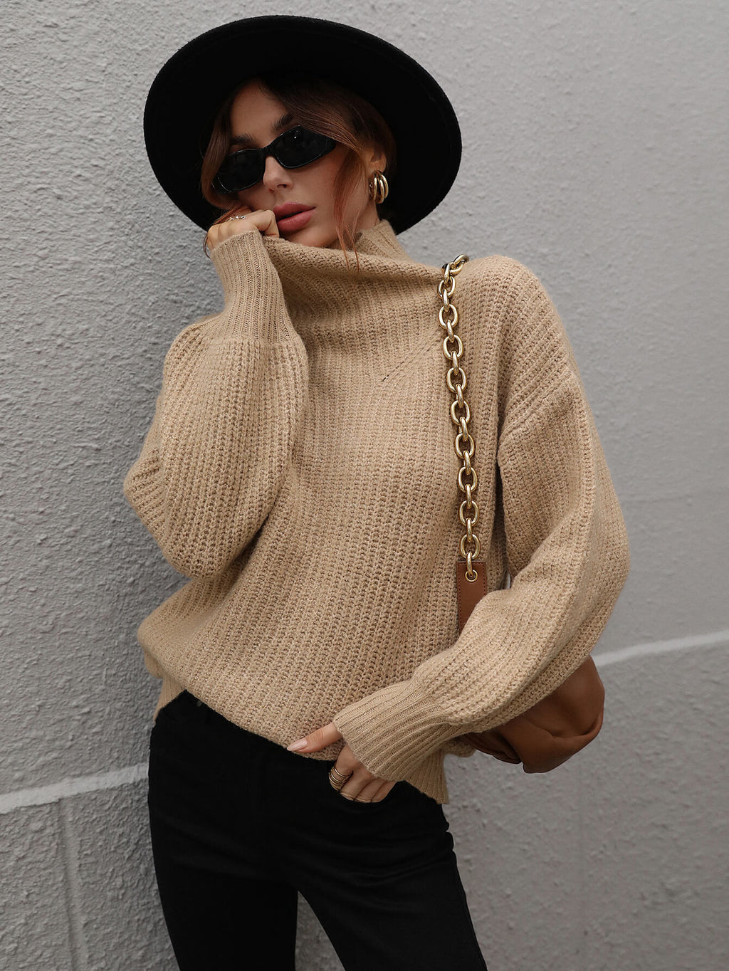 Chic High Neck Balloon Sleeve Ribbed Knit Pullover Sweater Sweaters AwRans Premium 74f1726ae090448d81a4393013776d86-Max