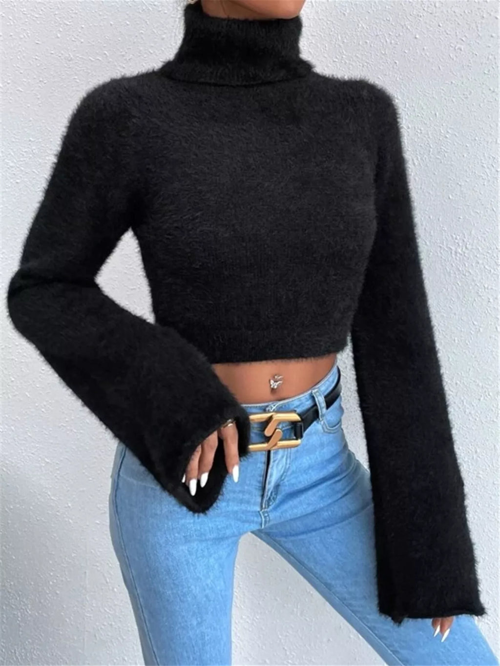 White Fuzzy Cropped Turtleneck Sweater with Flare Sleeves Sweaters AwRans Premium 753e70e03371464086b0972733edb4be-Max-Origin