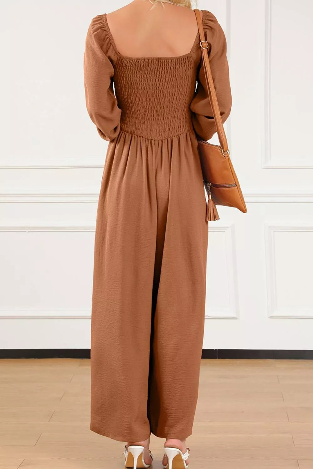Boho Chic Rust Brown Smocked Square Neck Wide Leg Jumpsuit Jumpsuits & Rompers AwRans Premium 76454b01-8082-494f-a9fc-7b26ae6a36ec-Max-Origin