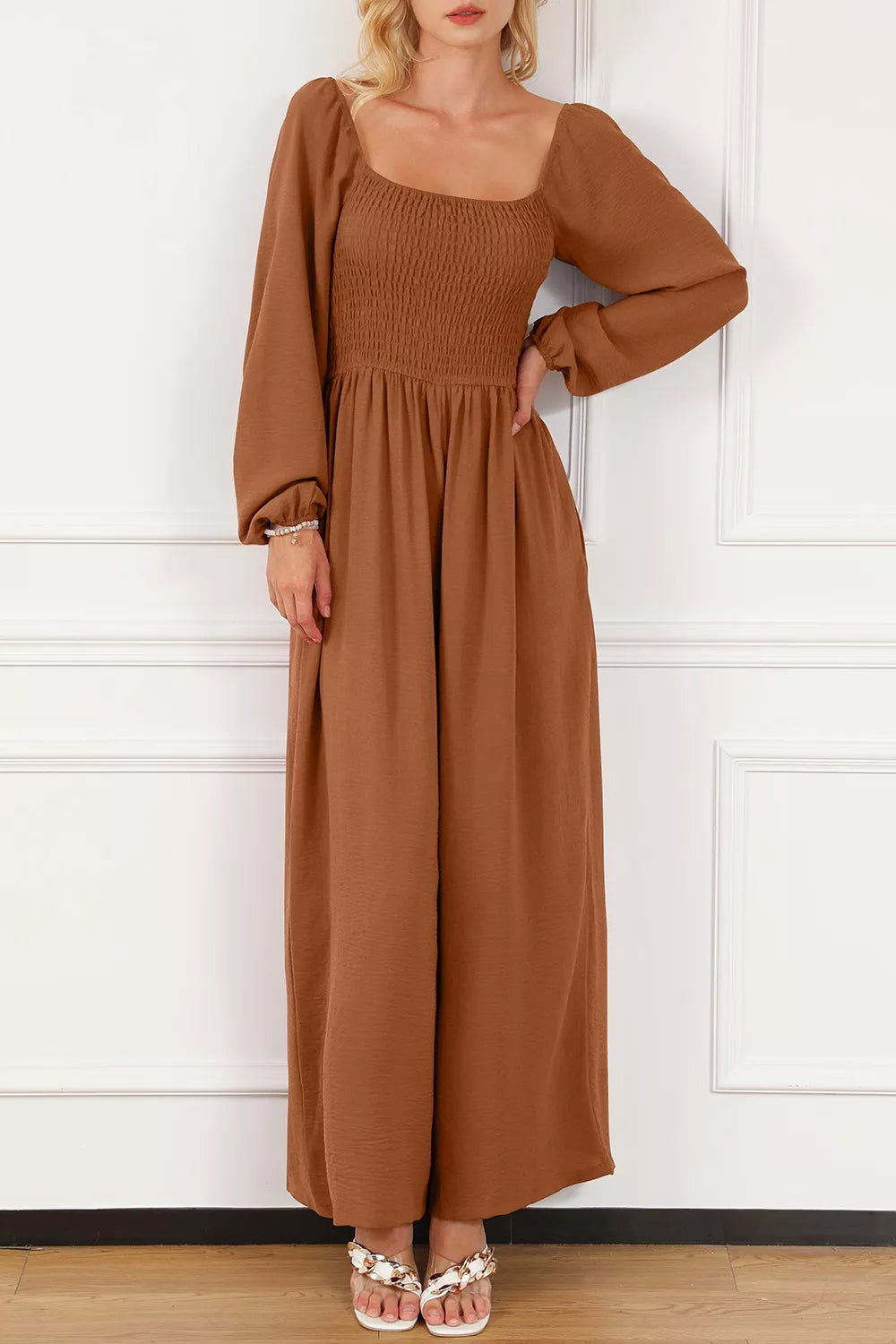 Boho Chic Rust Brown Smocked Square Neck Wide Leg Jumpsuit Jumpsuits & Rompers AwRans Premium 7b782b90-5fb8-4b41-8c58-6a70b215fe2a-Max-Origin