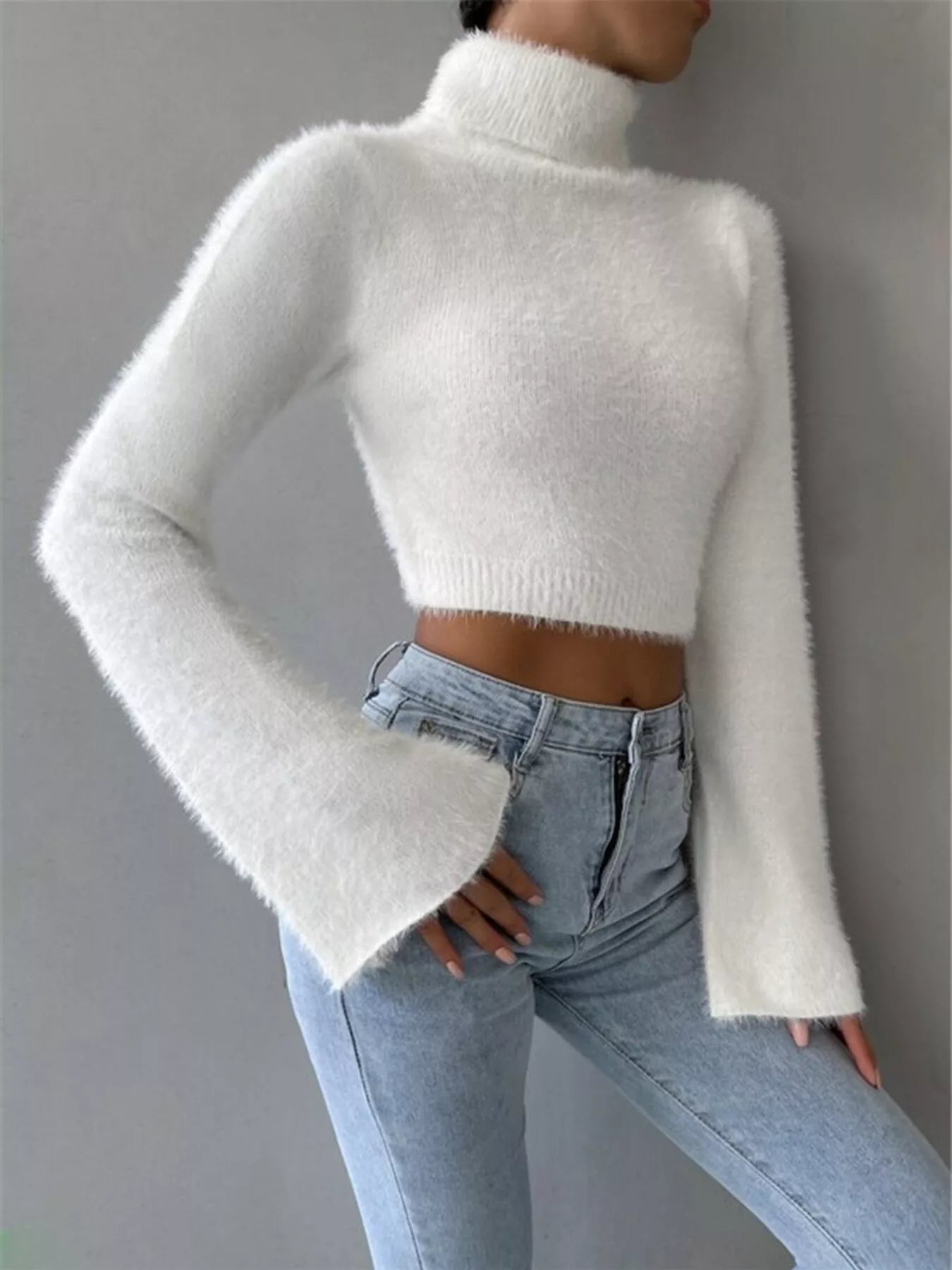 White Fuzzy Cropped Turtleneck Sweater with Flare Sleeves Sweaters AwRans Premium 7b8b103a930a4181b3f50afa872777ca-Max-Origin