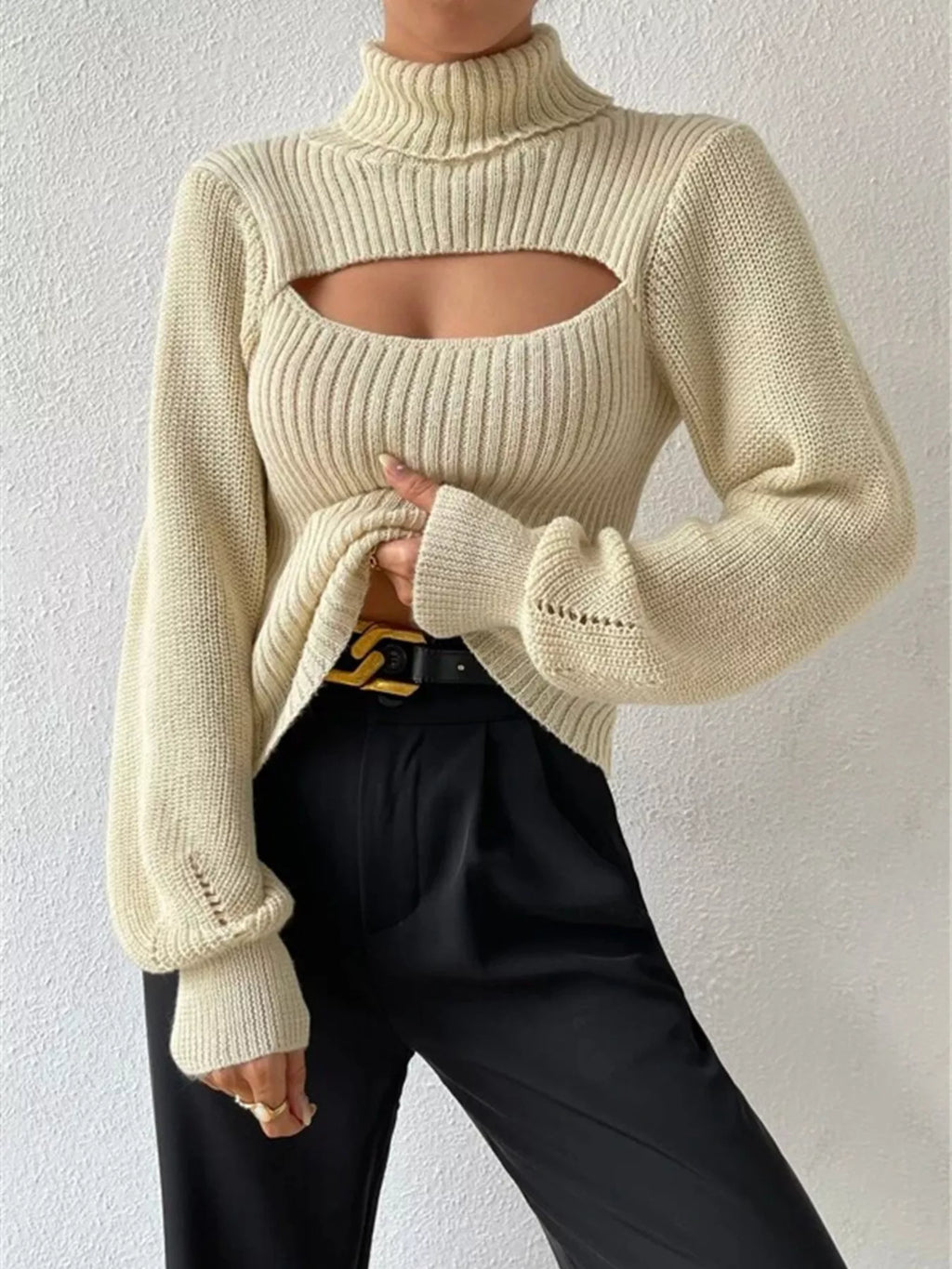 Cream Ribbed Cut-Out Turtleneck Knit Sweater Sweaters AwRans Premium 7dac85f0f2fb4a9dae2487be0c727c00-Max-Origin