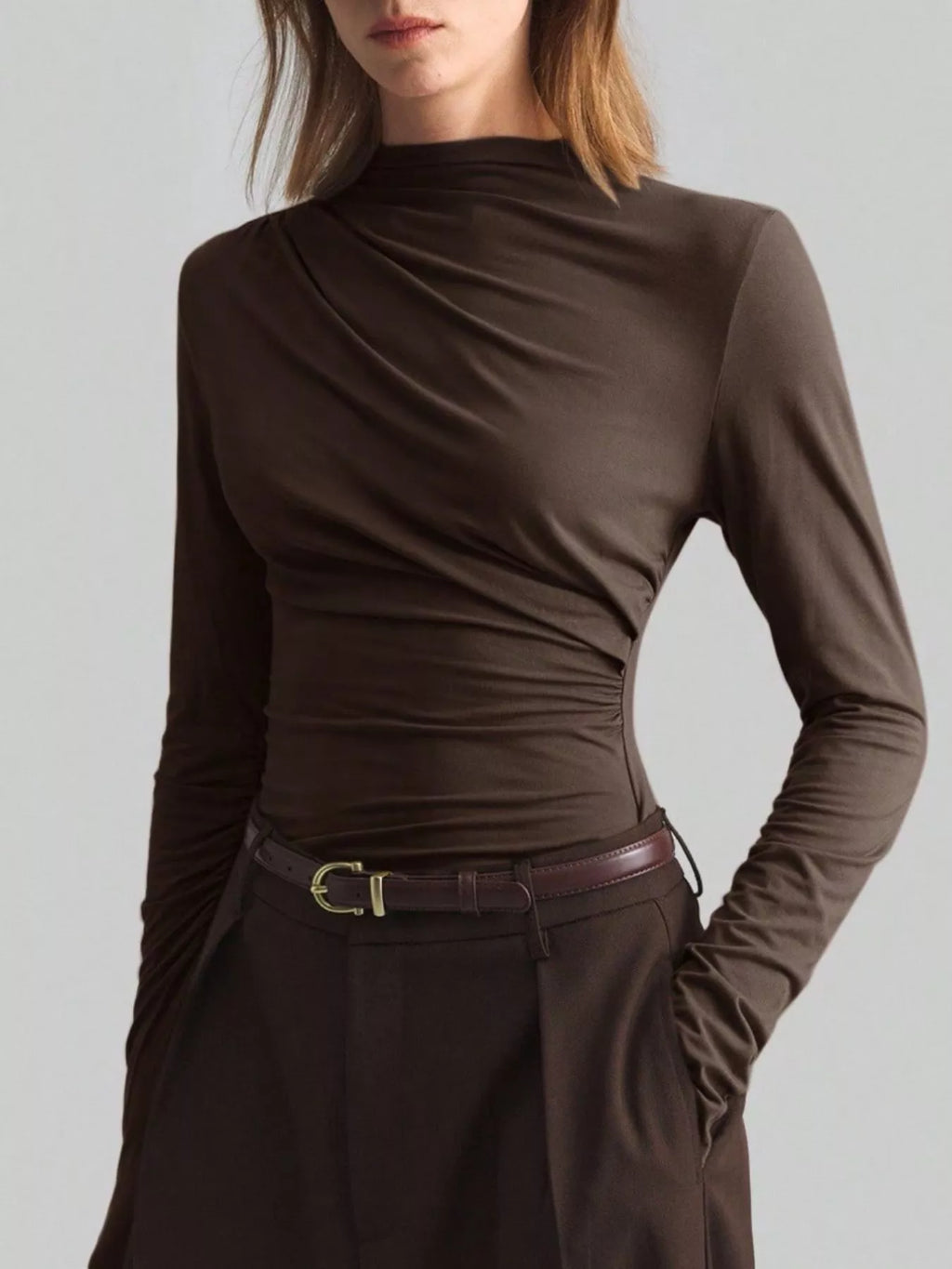 Women's Draped Mock Neck Long Sleeve Top - Chocolate Brown Chocolate Blouses AwRans Premium 7dadcef5-0f00-45f0-8a30-84b179c6f5ee-Max-Origin