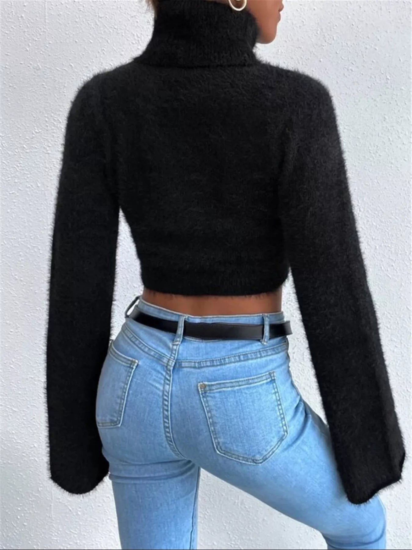White Fuzzy Cropped Turtleneck Sweater with Flare Sleeves Sweaters AwRans Premium 7e3f8289273646ad912c2ce1df9553f6-Max-Origin