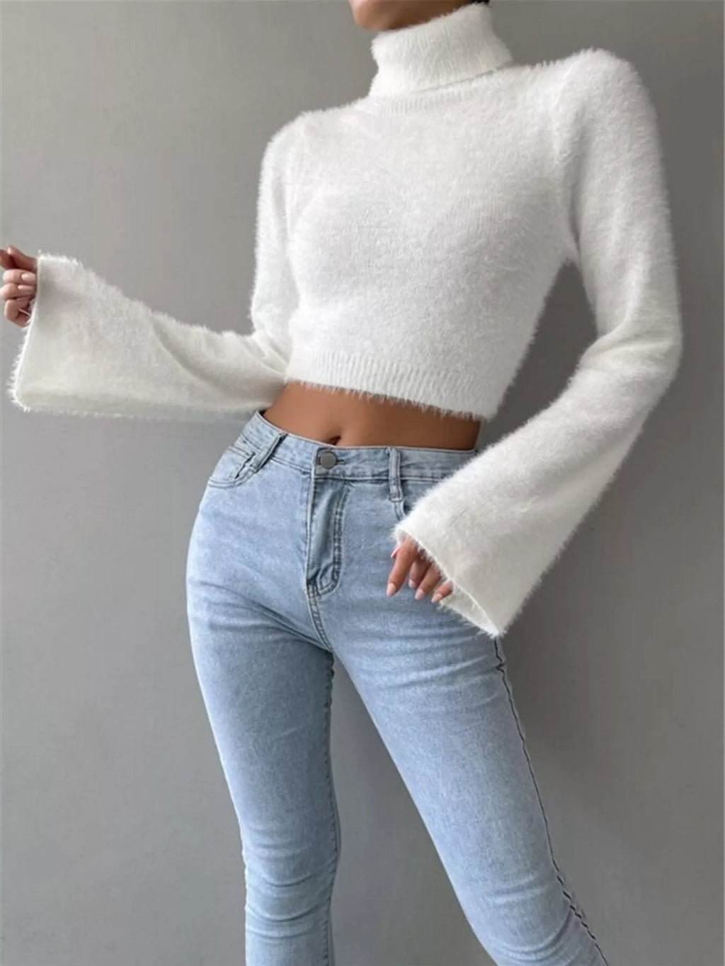 White Fuzzy Cropped Turtleneck Sweater with Flare Sleeves Sweaters AwRans Premium 80cc00a8d80c4cee967986f37456391e-Max-Origin