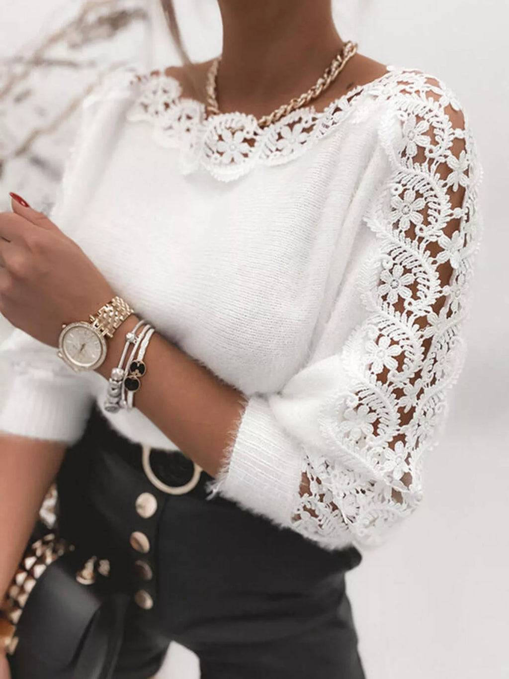 Elegant White Lace Detail Knit Sweater - Long Sleeve Top Sweaters AwRans Premium 8266561d59af404f9e2c0afb15dde562-Max-Origin