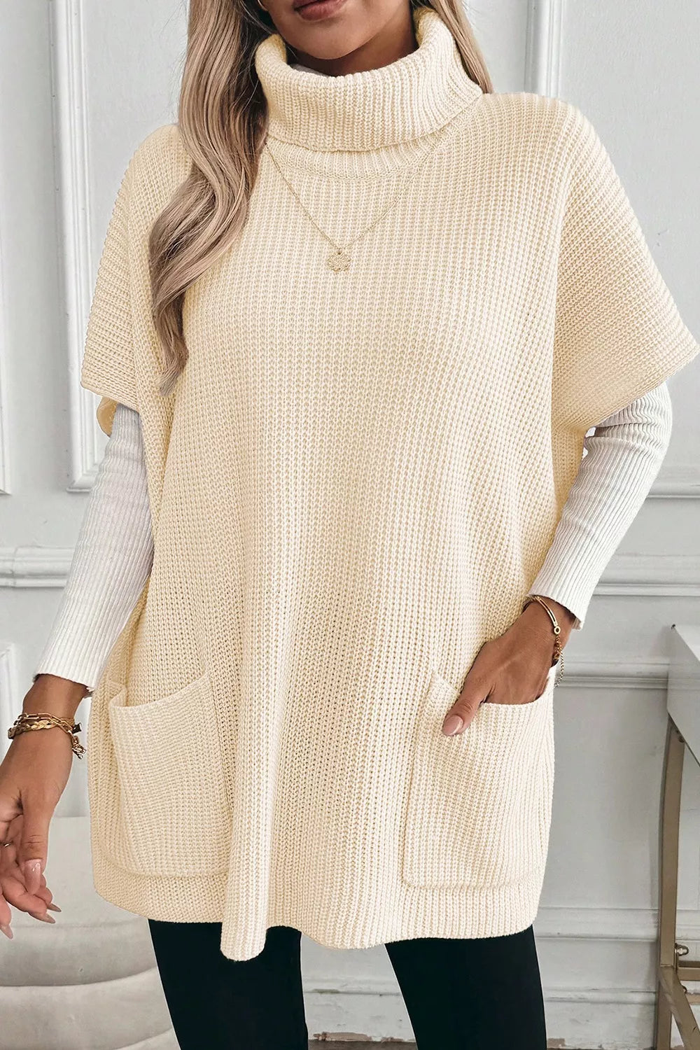 Cozy Cream Oversized Ribbed Knit Turtleneck Sweater Vest with Pockets Cream Sweaters AwRans Premium 883751cb-baaf-4695-b09e-af0ea8f6569d-Max-Origin