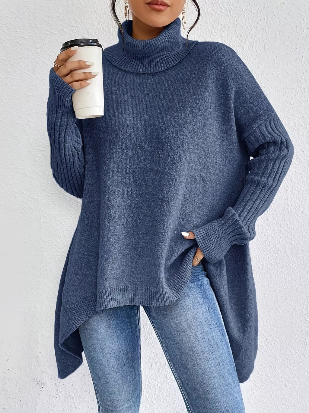 Turtleneck High-Low Hem Sweater Sweater Trendsi 97f59bd2595746d7a7d41180207260cf-Max-Origin