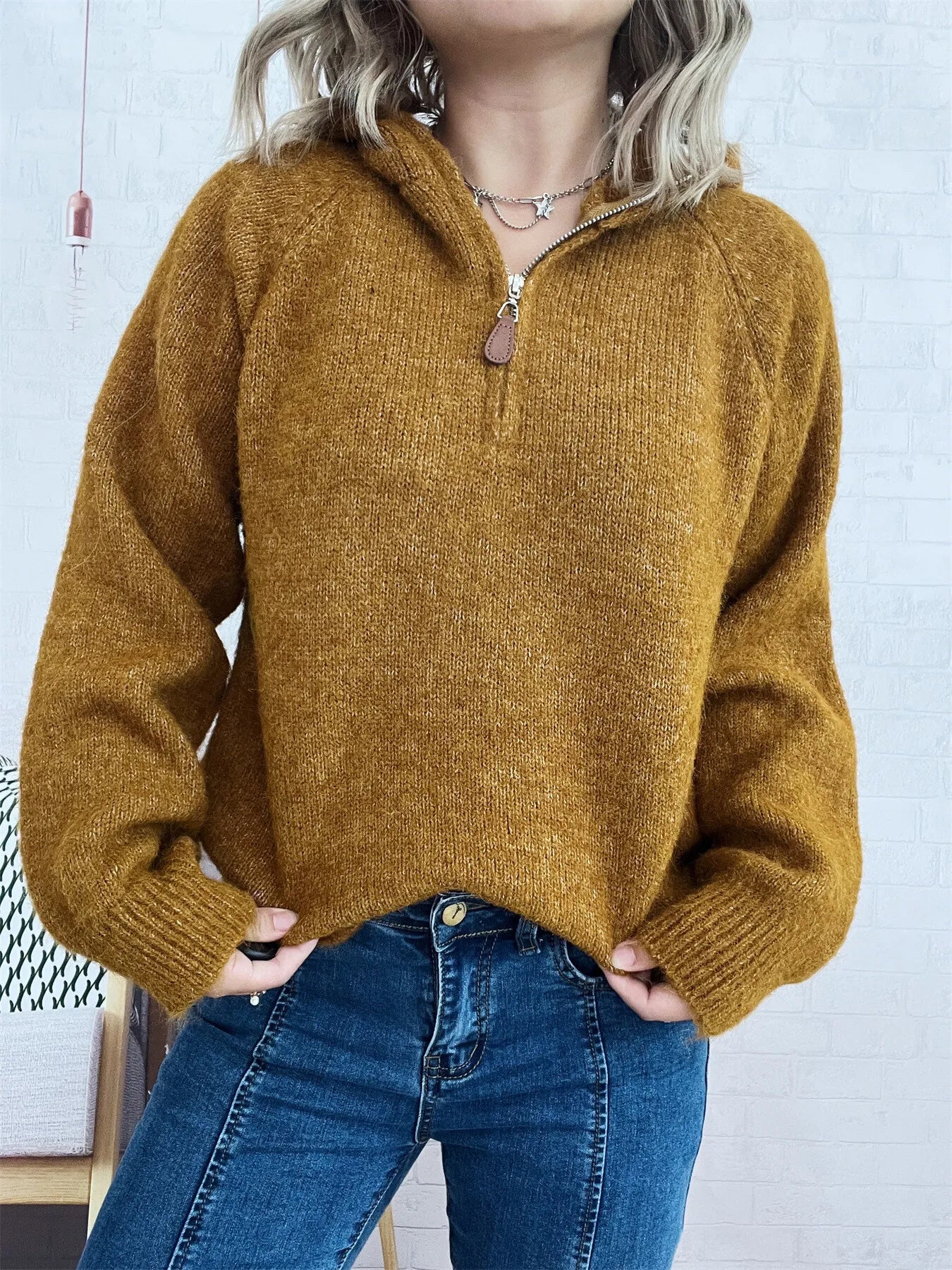 Cozy Oatmeal Soft Knit Quarter-Zip Pullover Sweater with Ring Pull Sweaters AwRans Premium 98cb076463904682ab497e86d915f85b-Max-Origin