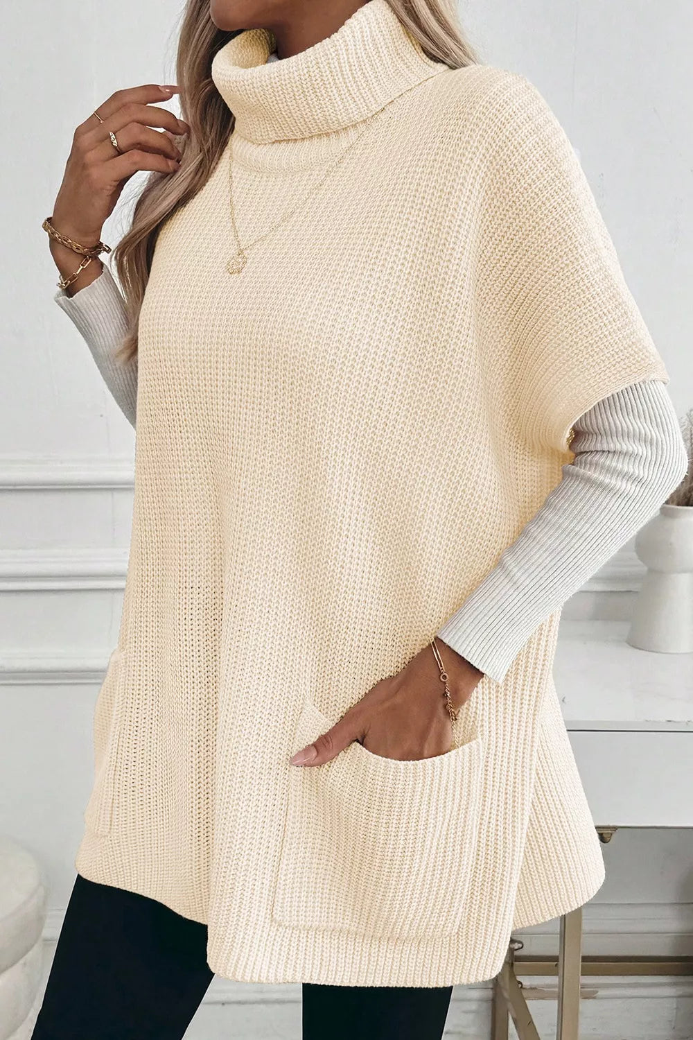 Cozy Cream Oversized Ribbed Knit Turtleneck Sweater Vest with Pockets Sweaters AwRans Premium 9b7535d7-f2cc-4d66-b515-dff31a14f816-Max-Origin