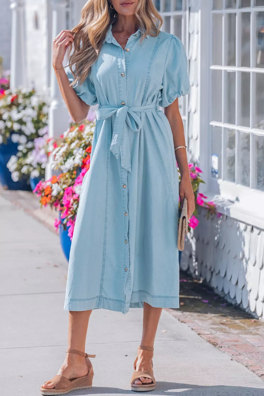 AwRans Premium | Belted Puff Sleeve Denim Midi Dress Dress AwRans Premium 9e06659a-6d39-4dbb-b639-5a7551d01ddd-Max-Origin